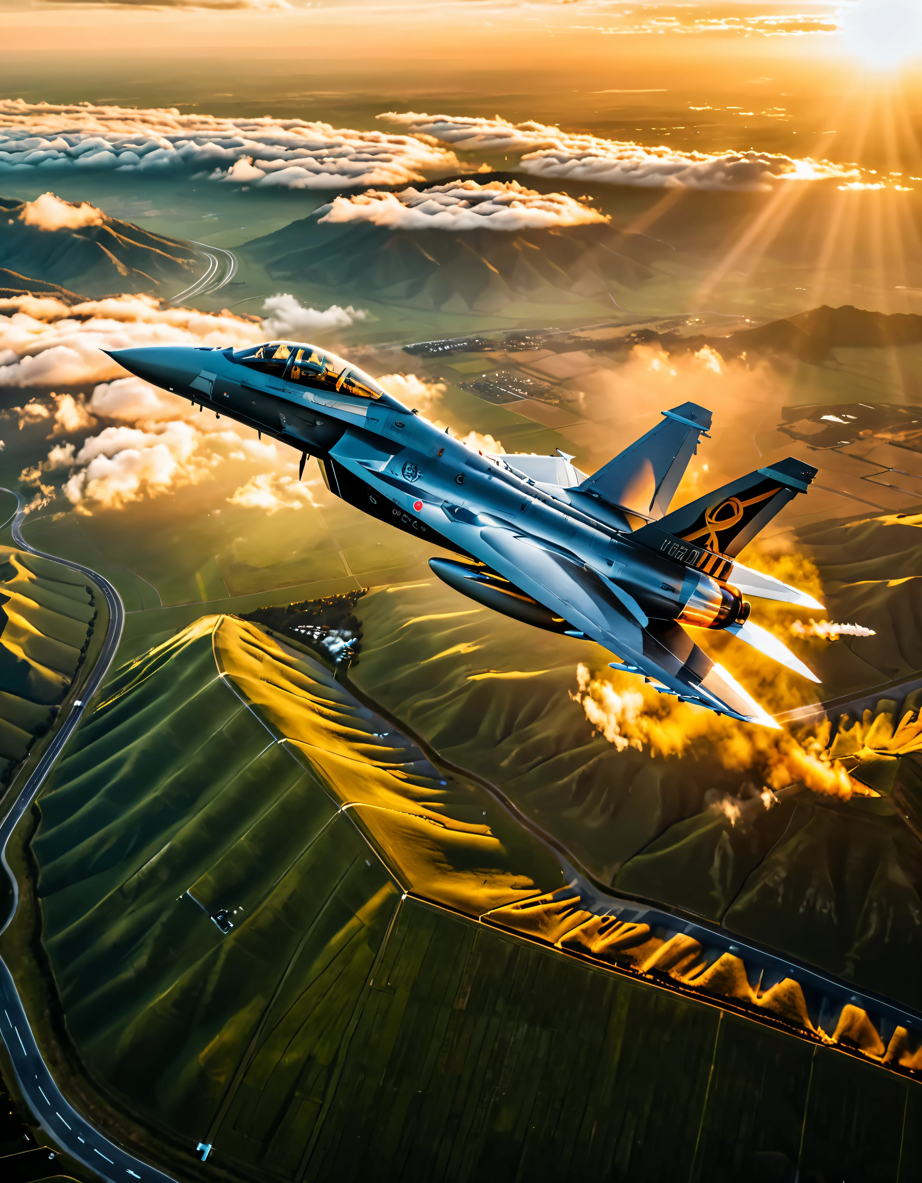 wide shot photo of Modern Fighter Jet, RAW, ((Fighter Jet):1.3), ((Majestic Decal):1.1), ((Tyndall Effect):1.2), ((Aerial view of the land beneath):1.5), ((Sunlight penetrating cloud)1.4), ((Golden Hour):1.2), (finely detailed airplane), (detailed airplane), (flying above landscape) (warm colors), breeze, breeze, reflection, (masterpiece), (perfect aspect ratio), (realistic photo), (best quality), (detailed) photographed on a Canon EOS R5, 50mm lens, F/2.8, HDR, (8k) (wallpaper) (cinematic lighting) (dramatic lighting) (sharp focus) (intricate).