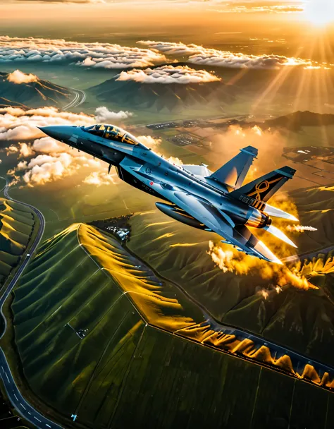 wide shot photo of Modern Fighter Jet, RAW, ((Fighter Jet):1.3), ((Majestic Decal):1.1), ((Tyndall Effect):1.2), ((Aerial view o...
