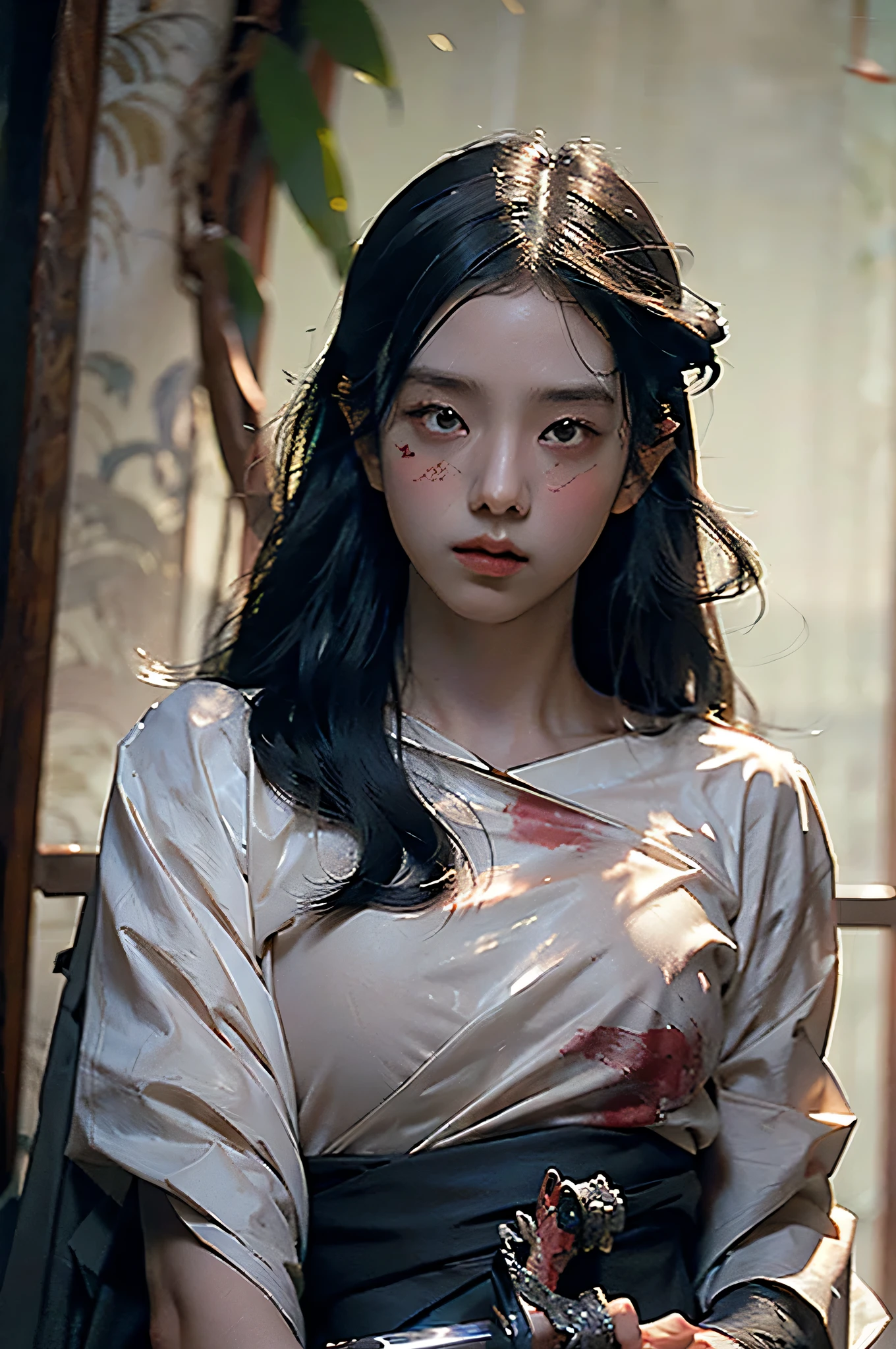 (RAW photo, 4k, realistic, exquisitely detailed skin), masterpiece, best quality, official art, unity 8k wallpaper, ultra detailed,(dark scene,low key,soft lighting:1.3), cinematic look,high saturation,best anatomy,volumetric fog,
a samurai girl, slim body, sexy, charming, seductive,cowboy shot,
1girl,weapon,sword,long hair,black hair,holding,solo,holding weapon,blood,holding sword,arm guards,simple background,blood on weapon,looking at viewer,black eyes,tabi,black hair, messy long hair
vivid illumination,
harmonious composition,
enchanting elegance, 
atmospheric depth,
cinematic lighting,
immersive atmosphere,
exceptional detail,
(stunning visuals),