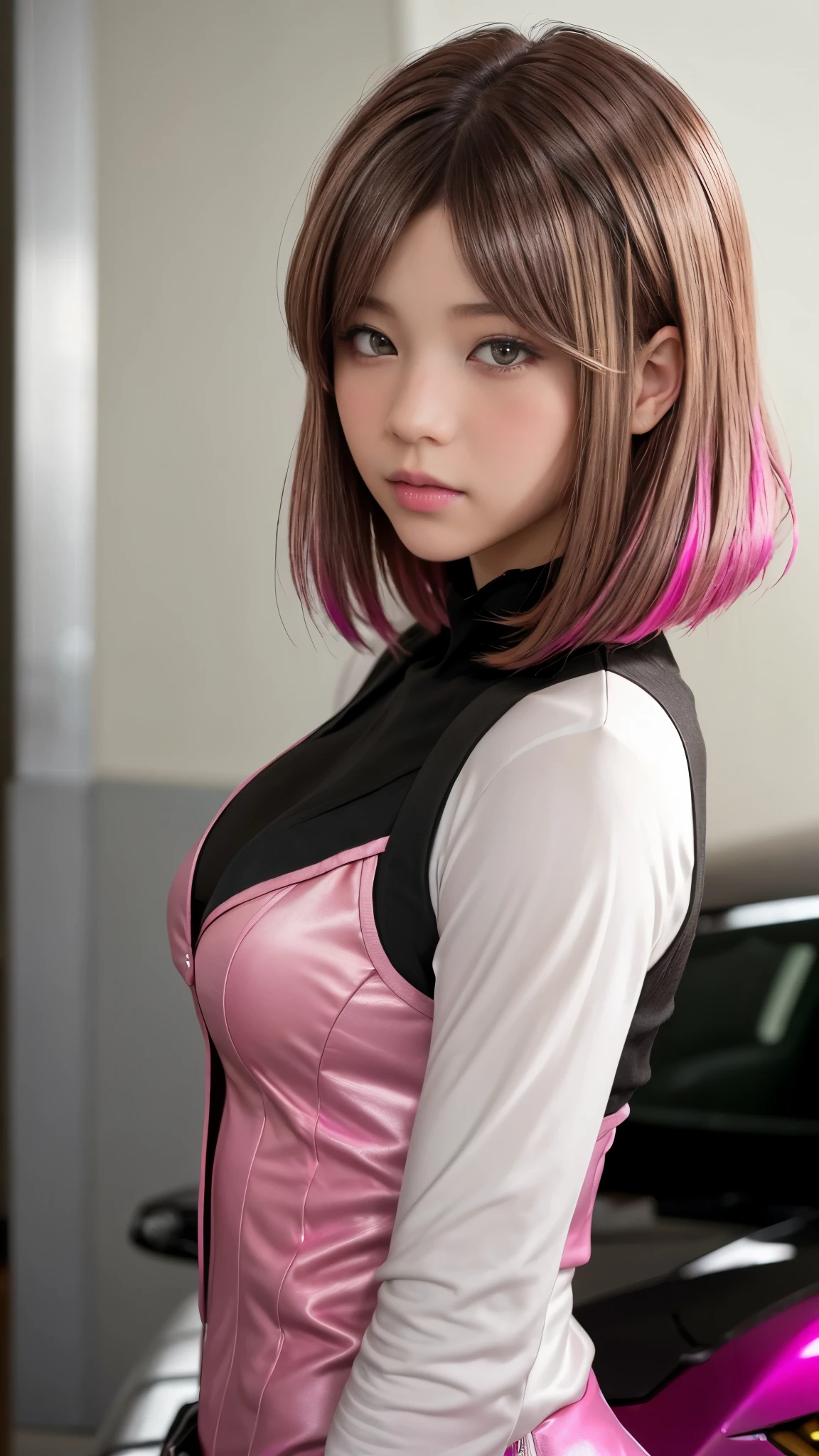 Photo of two realistic black Sazabi girls，Shortcut Bob Cut，I have a lot of hair，brown eyes，Hair color is bright pink，cool look，background is gray，16 year old daughter of Haman Khan and Char Aznable.