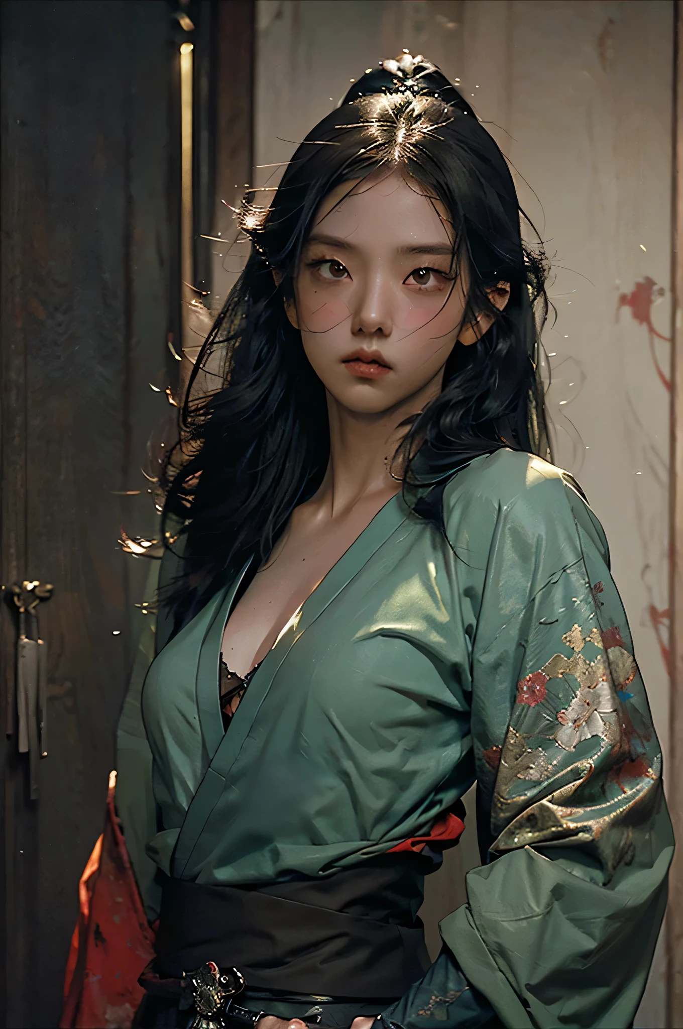 (RAW photo, 4k, realistic, exquisitely detailed skin), masterpiece, best quality, official art, unity 8k wallpaper, ultra detailed,(dark scene,low key,soft lighting:1.3), cinematic look,high saturation,best anatomy,volumetric fog,
a samurai girl, slim body, sexy, charming, seductive,cowboy shot,
1girl,weapon,sword,long hair,black hair,holding,solo,holding weapon,blood,holding sword,arm guards,simple background,blood on weapon,looking at viewer,black eyes,tabi,black hair, messy long hair
vivid illumination,
harmonious composition,
enchanting elegance, 
atmospheric depth,
cinematic lighting,
immersive atmosphere,
exceptional detail,
(stunning visuals),