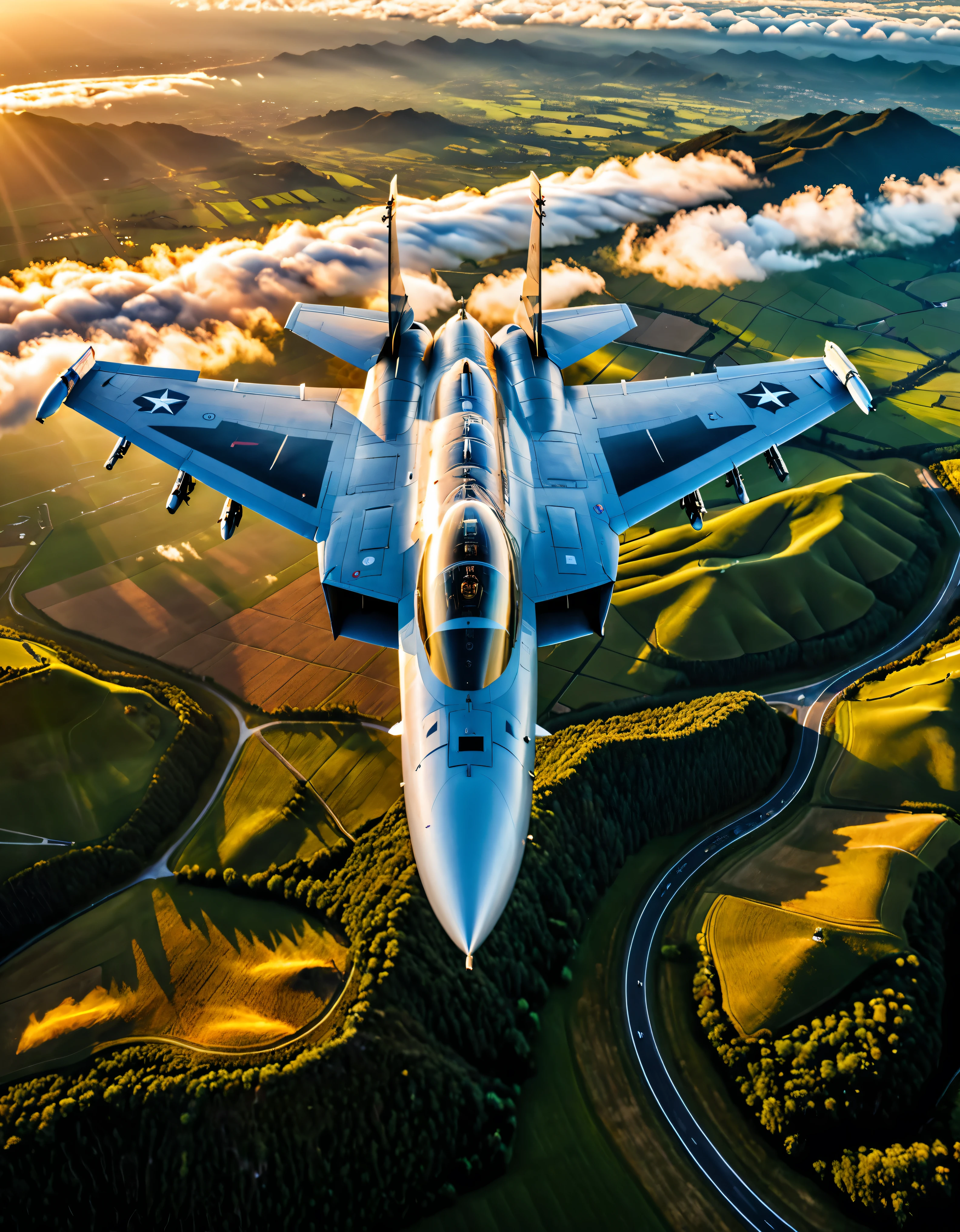 wide shot photo of Modern Fighter Jet, RAW, ((Fighter Jet):1.3), ((Majestic Decal):1.1), ((Tyndall Effect):1.2), ((Aerial view of the land beneath):1.5), ((Sunlight penetrating cloud)1.4), ((Golden Hour):1.2), (finely detailed airplane), (detailed airplane), (flying above landscape) (warm colors), breeze, breeze, reflection, (masterpiece), (perfect aspect ratio), (realistic photo), (best quality), (detailed) photographed on a Canon EOS R5, 50mm lens, F/2.8, HDR, (8k) (wallpaper) (cinematic lighting) (dramatic lighting) (sharp focus) (intricate).