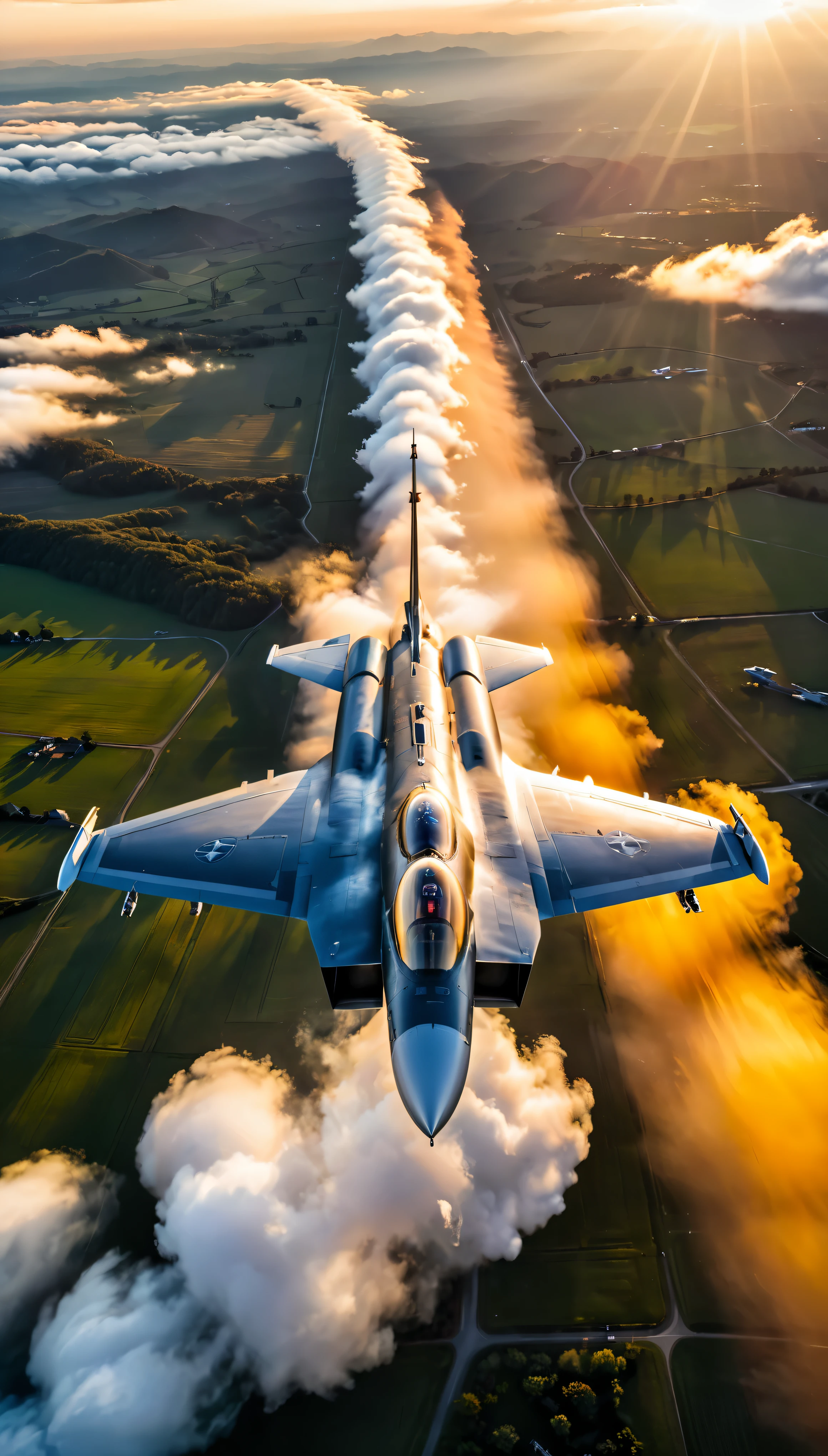 wide shot photo of Modern Fighter Jet, RAW, ((Fighter Jet):1.3), ((Majestic Decal):1.1), ((Tyndall Effect):1.2), ((Aerial view of the land beneath):1.5), ((Sunlight penetrating cloud)1.4), ((Golden Hour):1.2), (finely detailed airplane), (detailed airplane), (flying above landscape) (warm colors), breeze, breeze, reflection, (masterpiece), (perfect aspect ratio), (realistic photo), (best quality), (detailed) photographed on a Canon EOS R5, 50mm lens, F/2.8, HDR, (8k) (wallpaper) (cinematic lighting) (dramatic lighting) (sharp focus) (intricate).