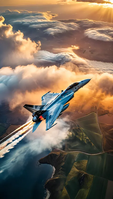 wide shot photo of Modern Fighter Jet, RAW, ((Fighter Jet):1.3), ((Majestic Decal):1.1), ((Tyndall Effect):1.2), ((Aerial view o...