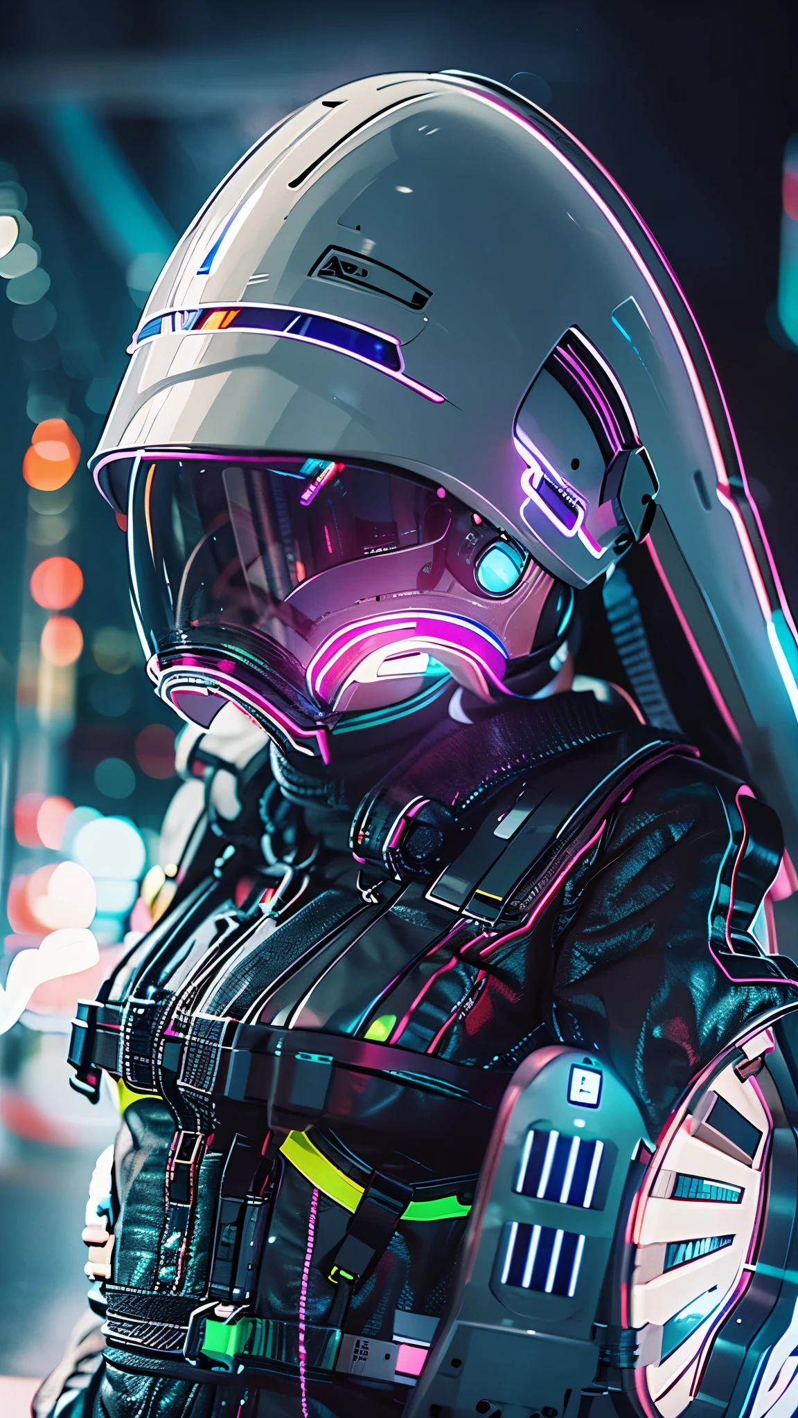 (Good structure),HDR,UHD,8K,1girl,Cyberpunk protective clothing,blurry background,Cyberpunk gas mask,Cyberpunk protective helmet,A glowing helmet,Neon lights,A helmet like an old-fashioned computer,White helmet,night,Neon color,side,Upper body,Cyberpunk,depth of field,lens flare,lights,neon lights,solo