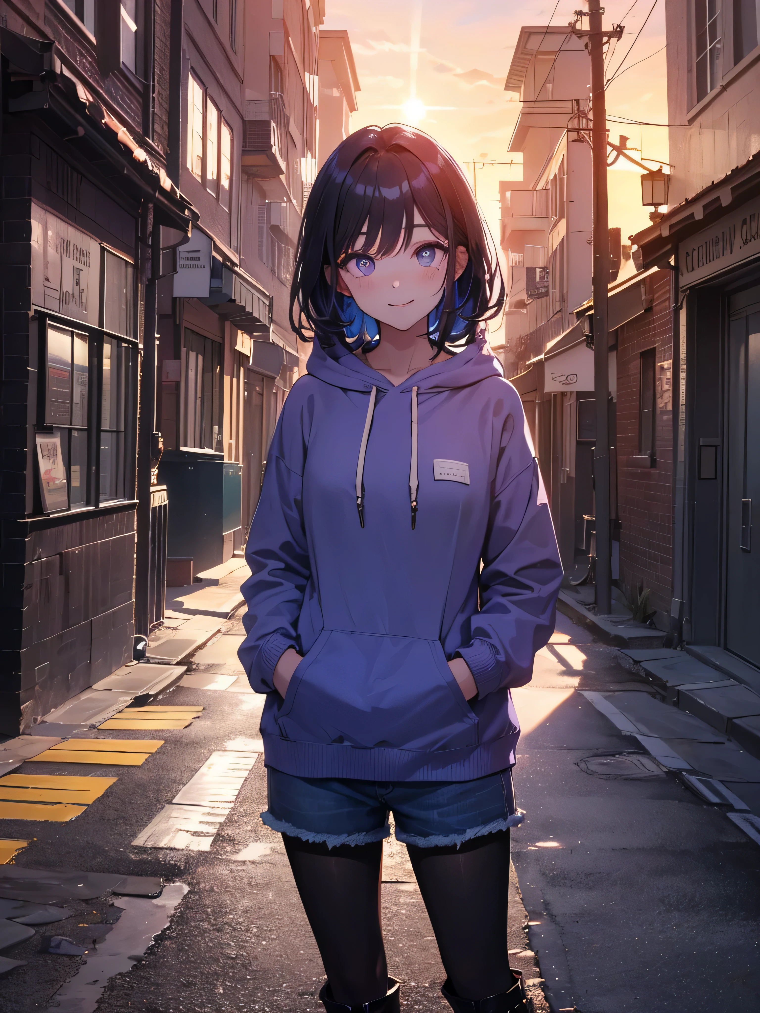 Takiuchi Kame, Hör zu, lange Haare, bangs, Schwarzes Haar, (lila Augen:1.2),erröten,lächeln,Fröhliche Atmosphäre,blauer Kapuzenpullover,mit Kapuze,Kurze Jeanshose mit in der Kapuze versteckten Hinterhaaren,schwarze Strumpfhose,kurze Stiefel,Abend,Sonnenuntergang,die Sonne geht unter,Beide Hände stecken in den Taschen des Hoodies,
BRECHEN outdoors, Stadt,Gebäude Straße,
BRECHEN looking at viewer, (Cowboy-Schuss:1.5),
BRECHEN (Meisterwerk:1.2), höchste Qualität, hohe Auflösung, Einheit 8k Hintergrundbild, (Form:0.8), (schmale und schöne Augen:1.6), Sehr detailliertes Gesicht, Perfekte Beleuchtung, Sehr detaillierte CG, (perfekte Hände, perfekte Anatomie),