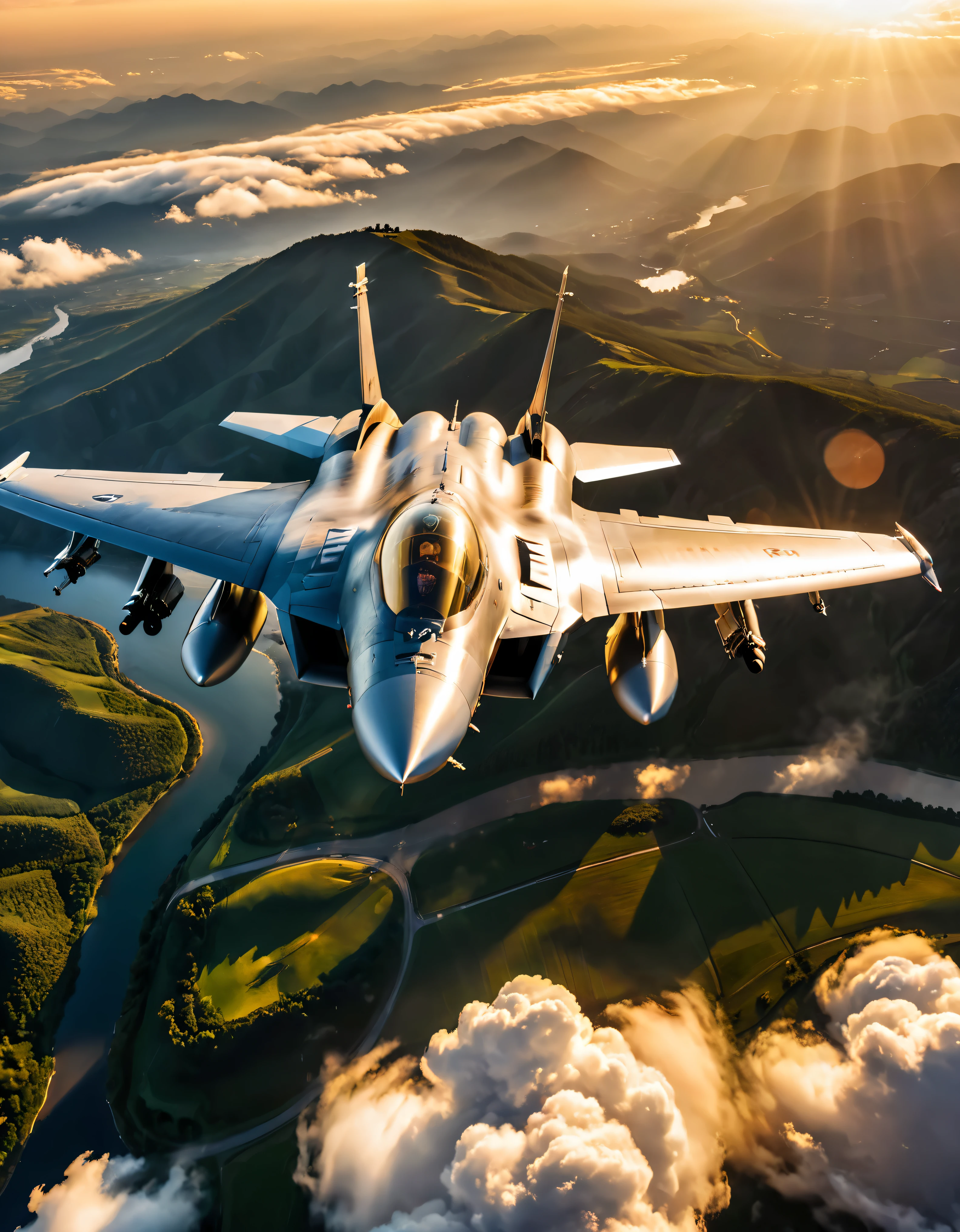 wide shot photo of Modern Fighter Jet, RAW, ((Fighter Jet):1.3), ((Majestic Decal):1.1), ((Tyndall Effect):1.2), ((Aerial view of the land beneath):1.5), ((Sunlight penetrating cloud)1.4), ((Golden Hour):1.2), (finely detailed airplane), (detailed airplane), (flying above landscape) (warm colors), breeze, breeze, reflection, (masterpiece), (perfect aspect ratio), (realistic photo), (best quality), (detailed) photographed on a Canon EOS R5, 50mm lens, F/2.8, HDR, (8k) (wallpaper) (cinematic lighting) (dramatic lighting) (sharp focus) (intricate).