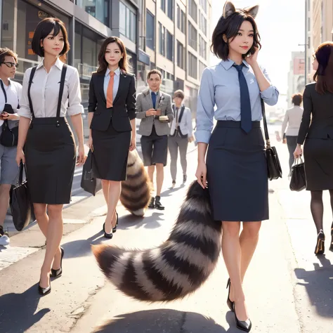 A woman in a business suit walking along the road with a raccoon dog, fur with tail, realistic style,  walk to work, very very b...