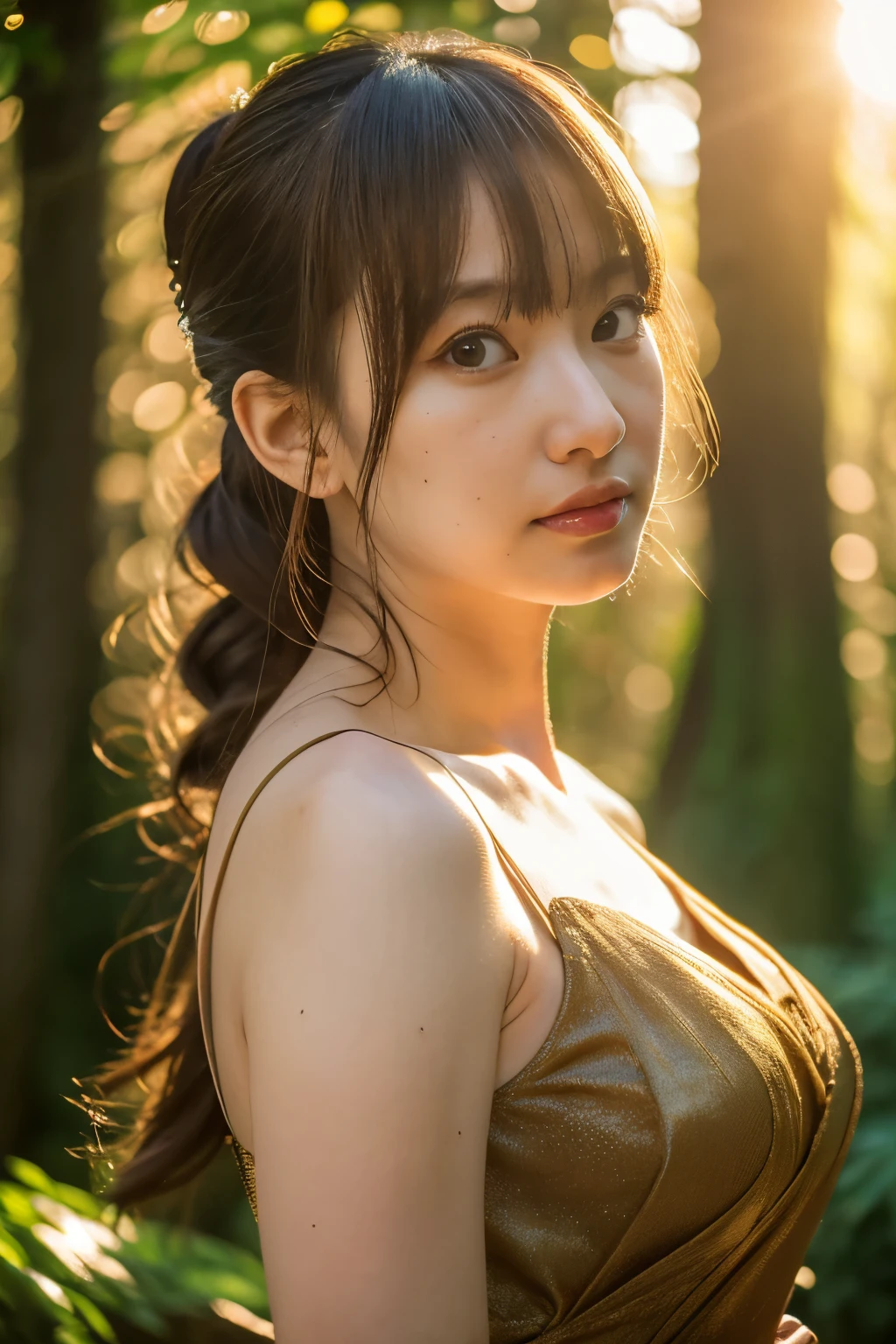 (dense woods: 1), the golden hour, Light brown eyes, 1 woman, black clothing, (Photorealistic), (Complex Detail: 1.2), (masutepiece, :1.3), (of the highest quality: 1.4), (Ultra High Resolution: 1.2), (eye detailed ), (detailed facial features), Strong sunlight, 8K (Lens Flare: 0.7), (Lens Flare: 0.7), turned around,Feminine pose, Upper body, Tight waistline