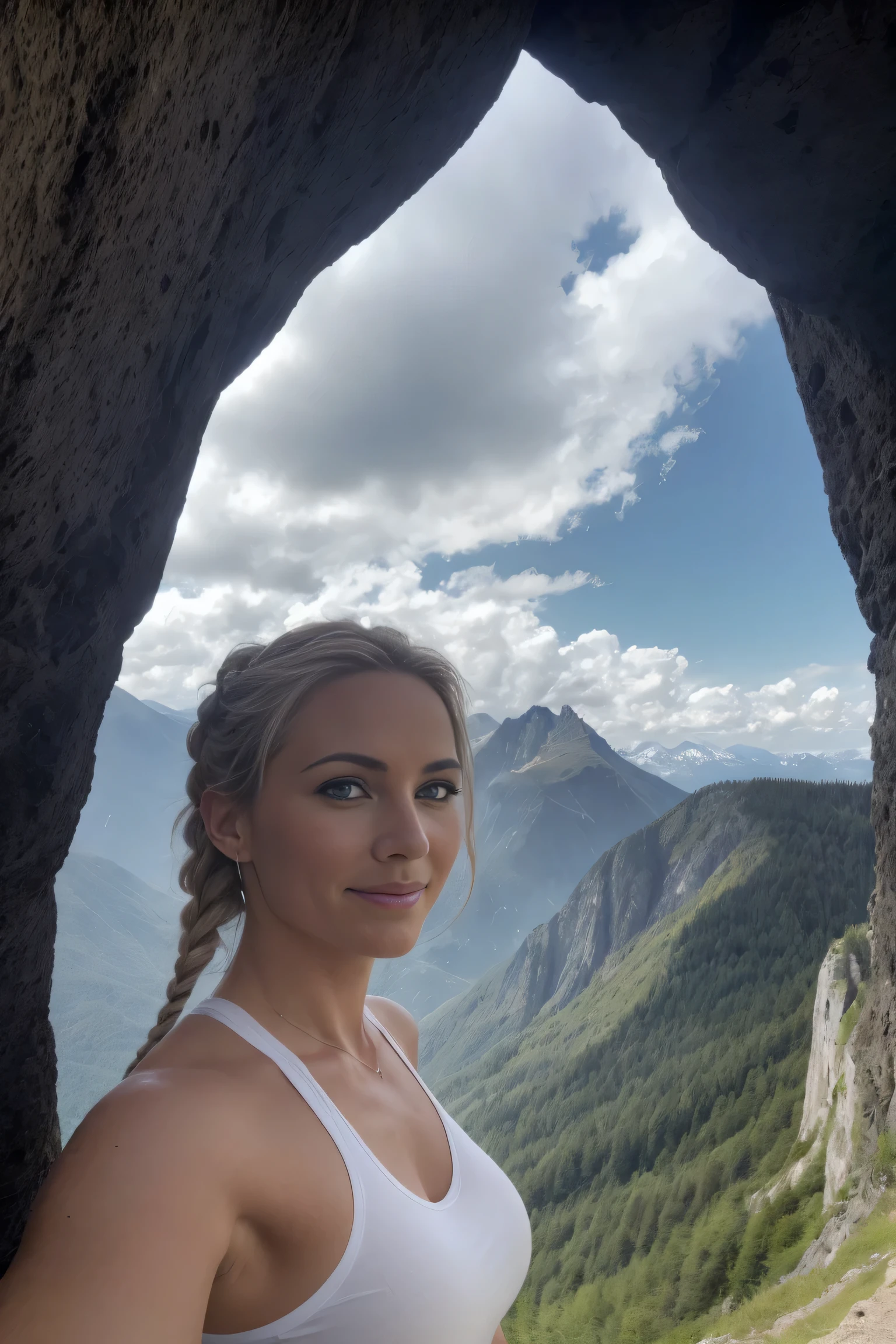 ROH, analog, Nikon Z 85mm, award-winning glamor photo,((best quality)), ((Meisterwerk)), ((Realistisch)), Wandern, bouldern, stechenden Augen, Peru, very happy, blondes Haar, Quad braids, Lanfschaft in Peru, Naturlandschaftsfotografie; Bergsteigen; (1Frau:1.3, Allein), (Cowboy-Schuss:1.3), (white t-shirts, Trekkingshorts, Trekkingstiefel), Hiking along a mountain road, Bumpy road, Felsbrocken), (hoher Pferdeschwanz), (Das Gesicht strahlt:0.8), (smiling:0.8), (selfee, Fotografieren mit einem Weitwinkelobjektiv), (Spectacular mountain views in summer, mit schroffen peruanischen Bergketten in der Ferne, and the wonderful contrast of blue sky and white clouds), (highest quality, hyperrealistisch:1.3, Super dicht, sehr detaillierte Darstellung, best image quality, sehr detaillierte Darstellung)