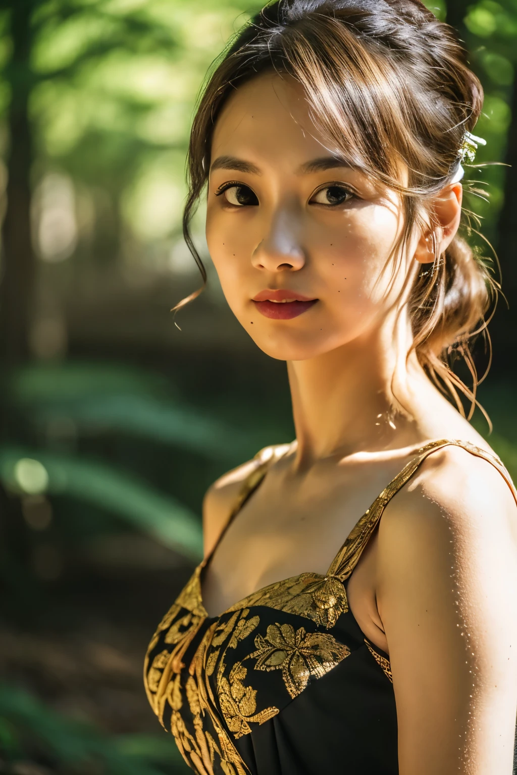 (dense woods: 1), the golden hour, Light brown eyes, 1 woman, black clothing, (Photorealistic), (Complex Detail: 1.2), (masutepiece, :1.3), (of the highest quality: 1.4), (Ultra High Resolution: 1.2), (eye detailed ), (detailed facial features), Strong sunlight, 8K (Lens Flare: 0.7), (Lens Flare: 0.7), turned around,Feminine pose, Upper body, Tight waistline