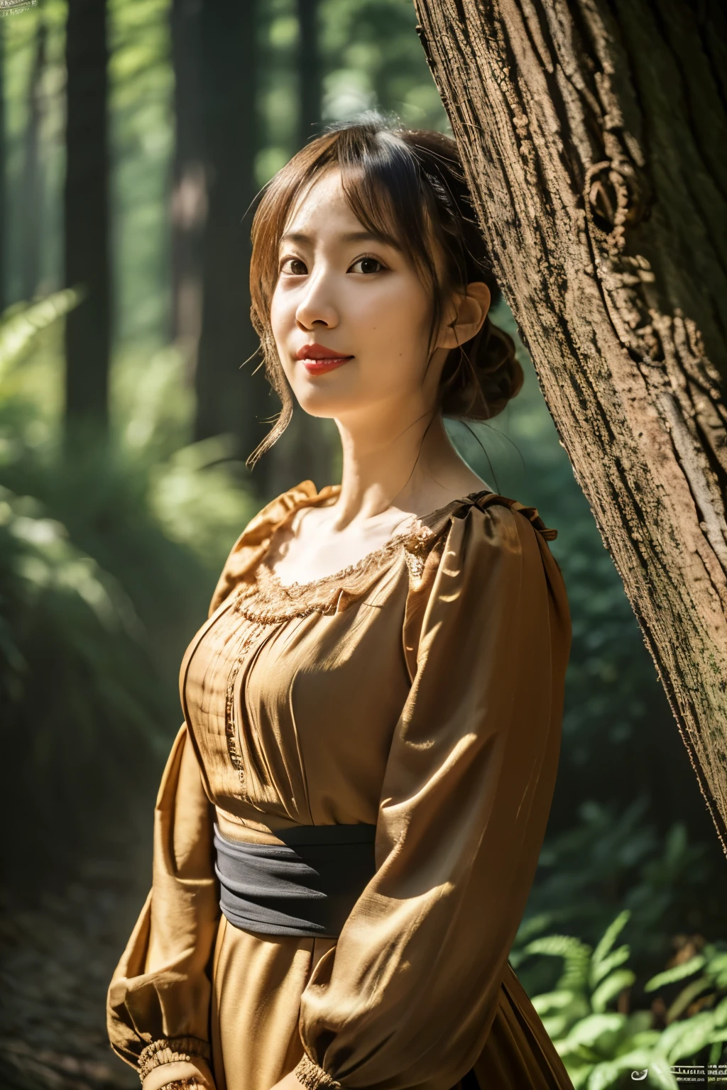 (dense woods: 1), the fine morning, Light brown eyes, 1 woman, black clothing, (Photorealistic), (Complex Detail: 1.2), (masutepiece, :1.3), (of the highest quality: 1.4), (Ultra High Resolution: 1.2), (eye detailed ), (detailed facial features), Strong sunlight, 8K (Lens Flare: 0.7), (Lens Flare: 0.7), turned around,Feminine pose, full body, Tight waistline