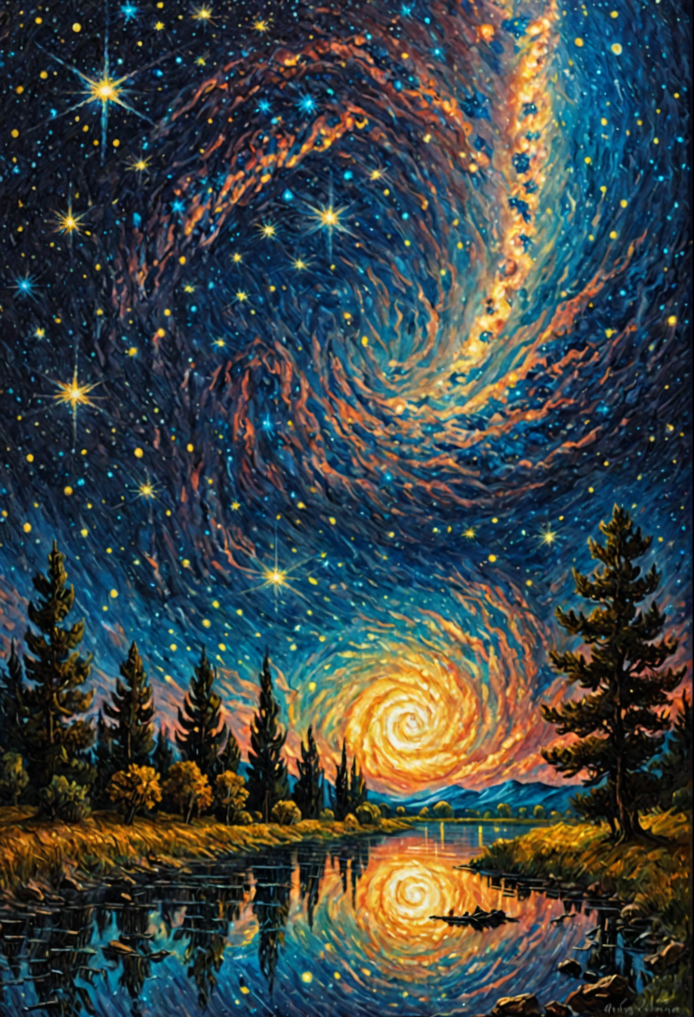 Céu noturno estrelado colorido de Vincent van Gogh :: pintura cinematográfica de ilustração de obra-prima com resolução de 16k que consiste em óleo, aquarelas e tinta :: galáxia espiral no céu :: frota de invasão alienígena :: frisco aquarelas e óleo céu chovendo estrelas cadentes estrelas cintilantes estrelas brilhantes estrelas brilhantes grandes estrelas da lua cheia :: Ivan Aivazovsky Kentaro Miura Gustave Doré Greg Rutkowski naturalismo romântico noite estrelada paisagem :: motivos intrincados composição perfeita obra-prima insanamente detalhada extremamente detalhada hiperdetalhada linda volumétrica cores ricas profundas iluminação volumétrica sombras traçado de raios suave textura perfeita :: magem do Telescópio Espacial James Webb
 