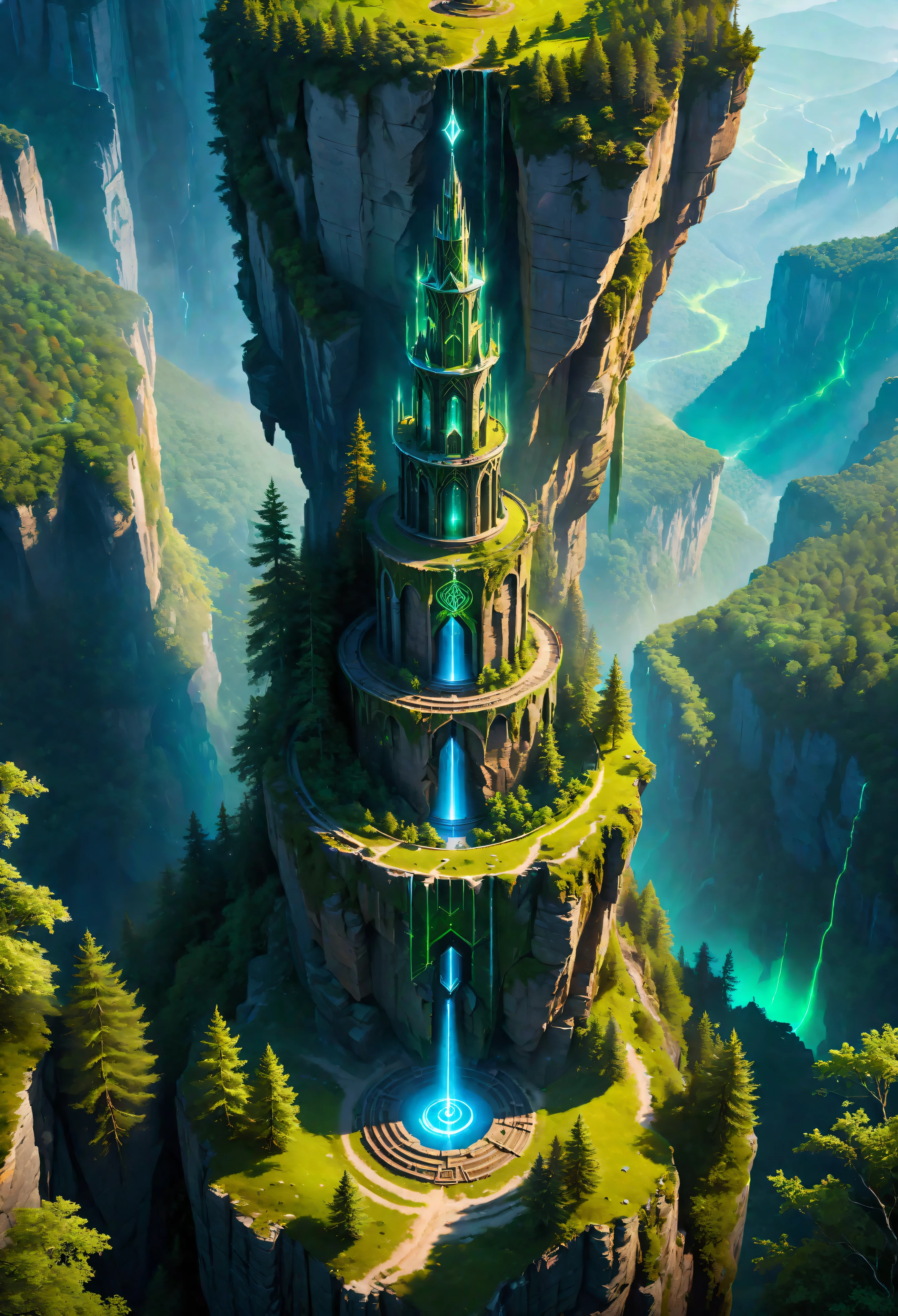 Aerial view of Towering steep and towering high magic tower in a cliff, wild forest, asymmetric magic circle cliff canyon, ((Aerial view):1.2), (glowing runes), (glowing sigil), Coexistence with the natural environment, magic circle tower, lush colorful wild forest, beautiful landscape, magic tower, extremely detailed, best quality, masterpiece, high resolution, Hyperrealistic, 8K, top-view,  high angle view, BlueColor Palette, Minimalism.