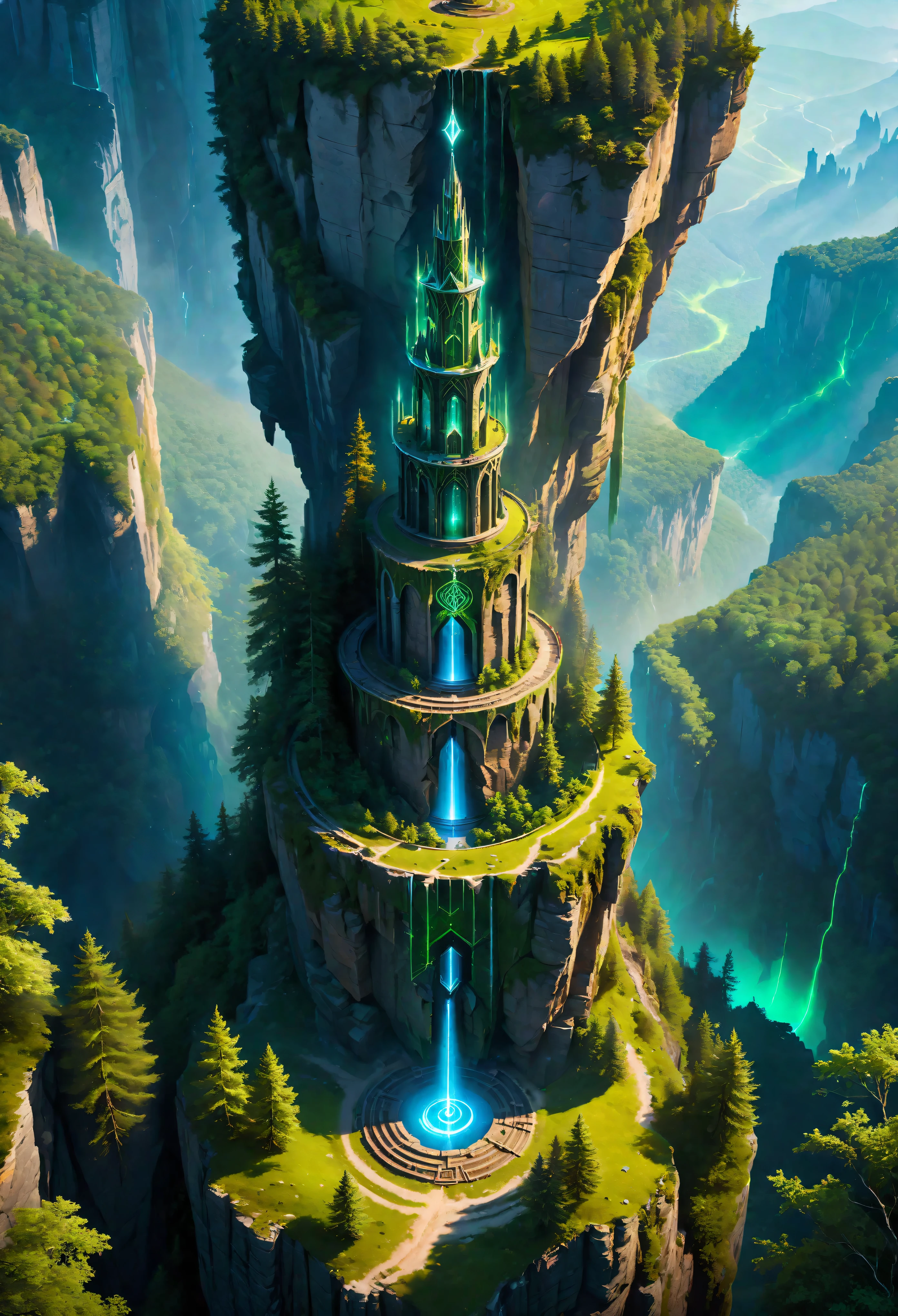 Aerial view of Towering steep and towering high magic tower in a cliff, wild forest, magical mist, asymmetric magic circle cliff canyon, ((Aerial view):1.2), (glowing runes), (glowing sigil), Coexistence with the natural environment, magic circle tower, lush colorful wild forest, beautiful landscape, magic tower, extremely detailed, best quality, masterpiece, high resolution, Hyperrealistic, 8K, top-view, high angle view, BlueColor Palette, Minimalism.