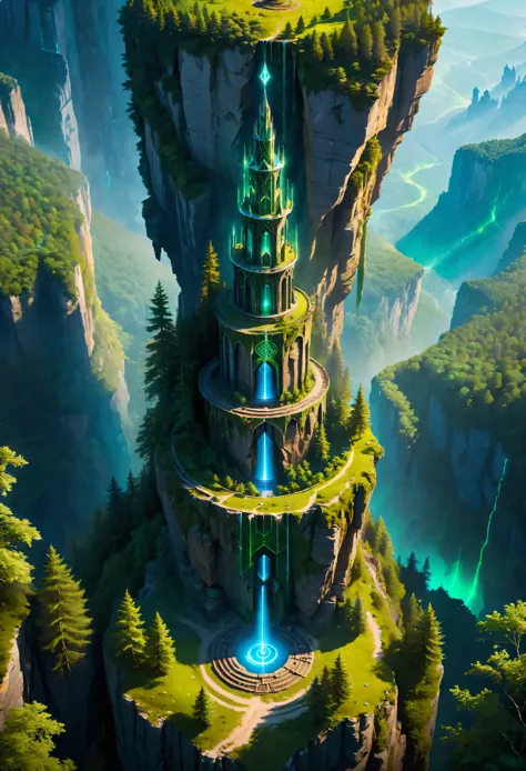 Aerial view of Towering steep and towering high magic tower in a cliff, wild forest, asymmetric magic circle cliff canyon, ((Aer...