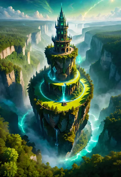 Aerial view of Towering steep and towering high magic tower in a cliff, wild forest, magical mist, asymmetric magic circle cliff...