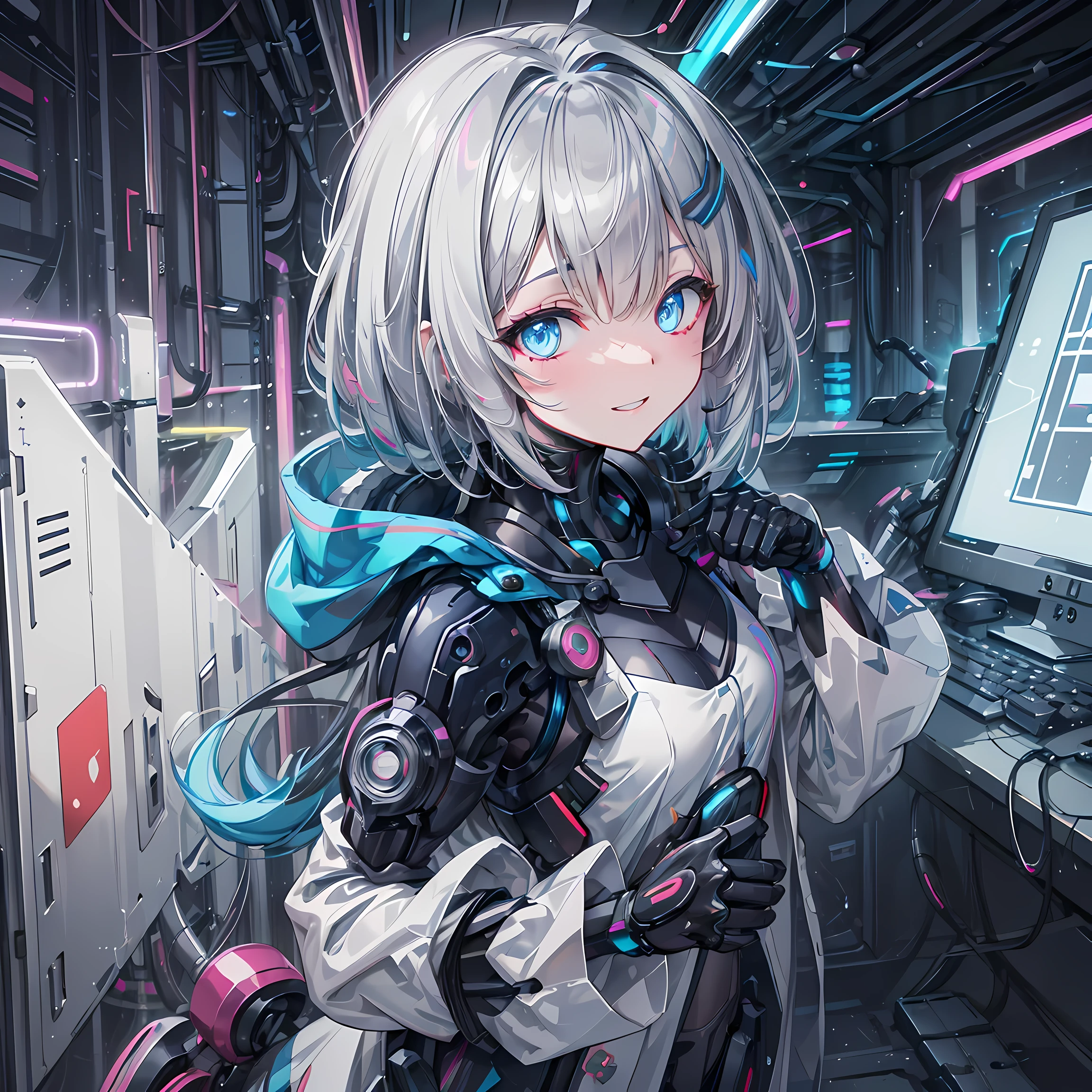 ((masterpiece, highest quality, super detailed)), mecha girl, teen, Machine body, gradient hair, silver hair, blue hair, hair above one eye, bob cut, blue neon eyes, villain&#39;s smile, mad scientist look, Naked lab coat, small flat chest, portrait, A cluttered laboratory full of monitors, large amounts of electronic data, pastel colour, neon lighting effect, neon trim, cyber punk, 8k