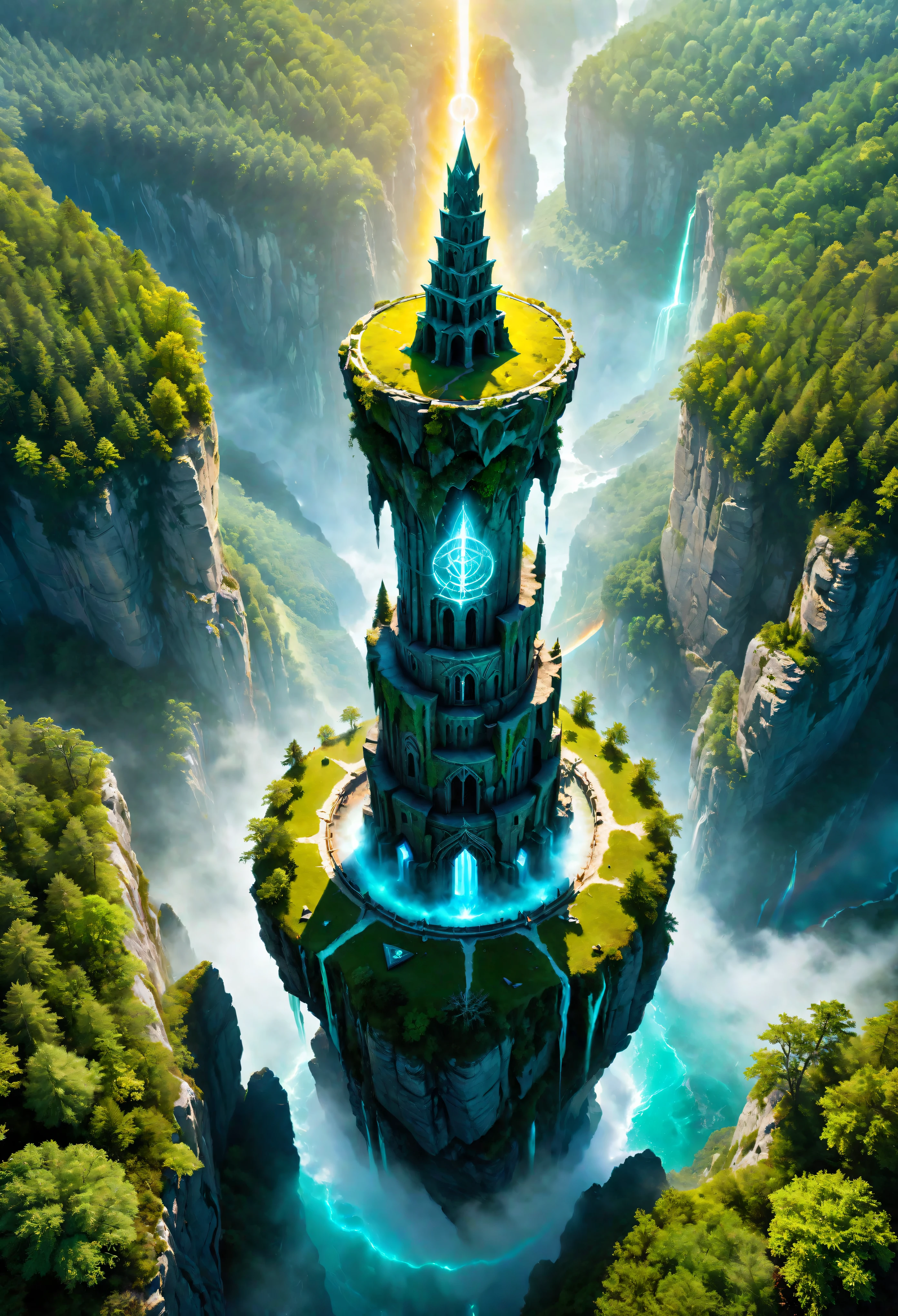 Aerial view of Towering steep and towering high magic tower in a cliff, wild forest, magical mist, asymmetric magic circle cliff canyon, ((Aerial view):1.2), (glowing runes), (glowing sigil), Coexistence with the natural environment, magic circle tower, lush colorful wild forest, beautiful landscape, magic tower, extremely detailed, best quality, masterpiece, high resolution, Hyperrealistic, 8K, top-view, high angle view, BlueColor Palette, Minimalism.