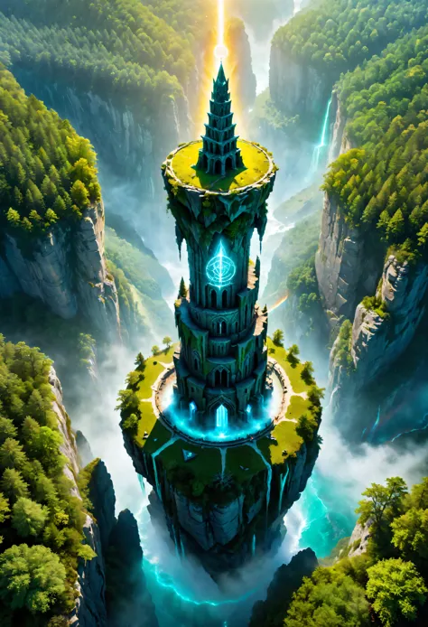 Aerial view of Towering steep and towering high magic tower in a cliff, wild forest, magical mist, asymmetric magic circle cliff...