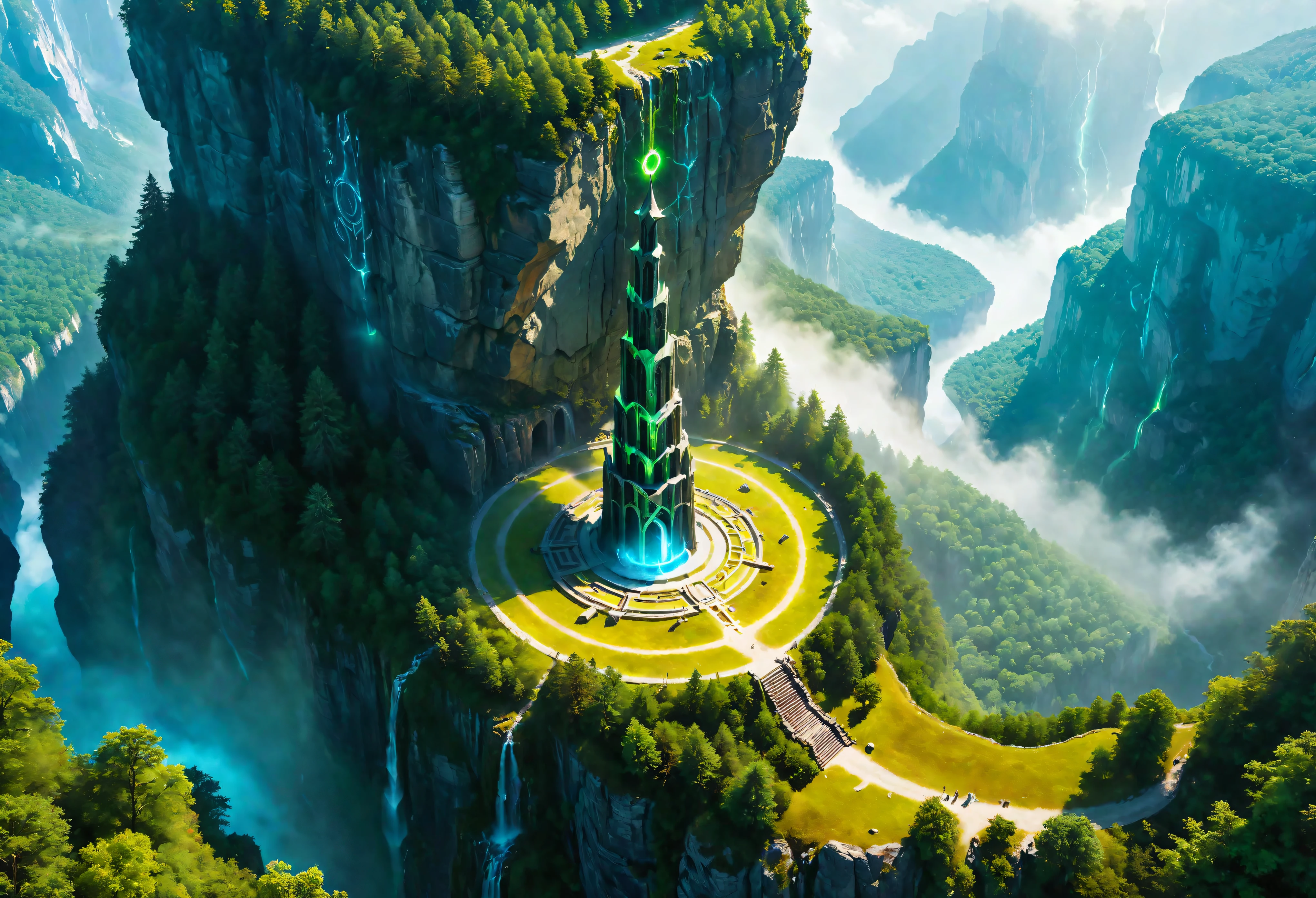 Aerial view of Towering steep and towering high magic tower in a cliff, wild forest, magical mist, asymmetric magic circle cliff canyon, ((Aerial view):1.2), (glowing runes), (glowing sigil), Coexistence with the natural environment, magic circle tower, lush colorful wild forest, beautiful landscape, magic tower, extremely detailed, best quality, masterpiece, high resolution, Hyperrealistic, 8K, top-view, high angle view, BlueColor Palette, Minimalism.