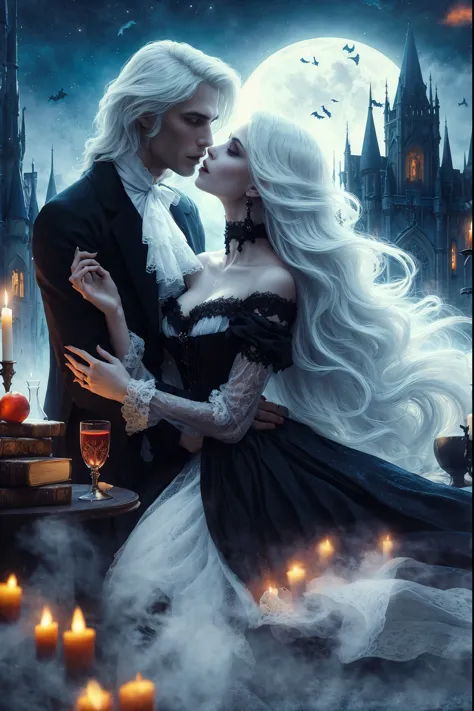 gothic couple in front of a castle with candles and a candlelight, gothic romance, vampires fantasy, gothic fantasy art, fantasy...