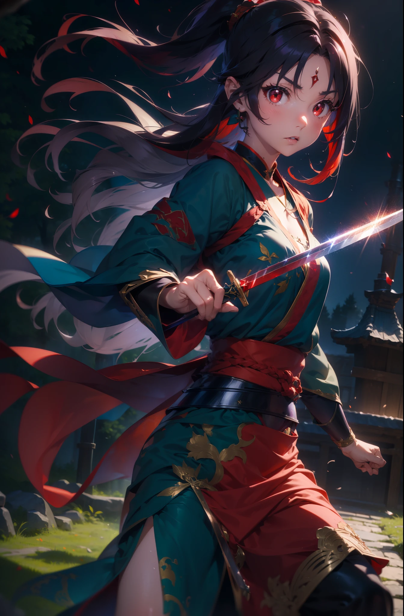 yuukikonno, Yuki Konno, hair band, long hair, pointed ears,ponytail, purple hair, (red eyes:1.5), (small breasts:1.2), open your mouth,dynamic pose,red kimono,One\U014D Jiu Jitsu Swing, sword, (Retaining sheath,:1.2)  ,Purple too,white foot bag,grass sandals,(japanese sword:1),(holding_japanese sword:1)
break looking at viewer, Upper body, whole body,
break outdoors, medieval europe cityscape,
break (masterpiece:1.2), highest quality, High resolution, unity 8k wallpaper, (shape:0.8), (thin and beautiful eyes:1.6), highly detailed face, perfect lighting, Very detailed CG, (perfect hands, perfect anatomy),