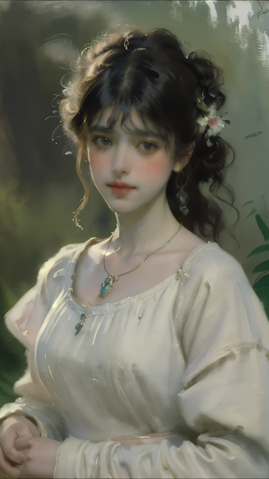 ((Watercolor painting by Singer Sargent))、Impressionist style painting、art of edouard bisson、(highest quality、masterpiece)、1 girl, Porcelain dress, hair accessory, necklace, jewelry, beautiful face, On the body, Tyndall effect, realistic, Dark studio, edge lighting, two-tone lighting, high detail skin, Digital single-lens reflex camera, soft light,volume light, Frank, High resolution, background blur,