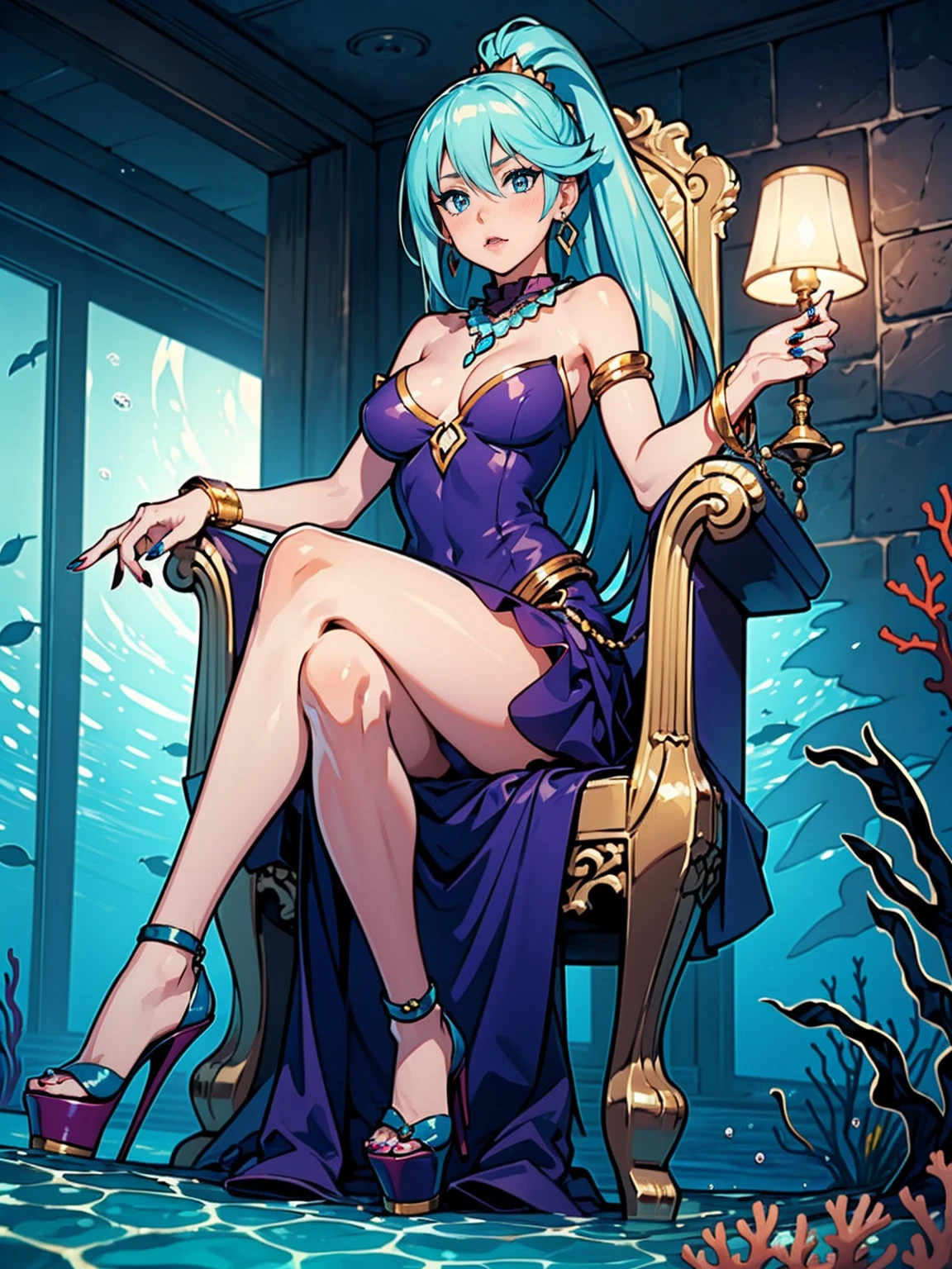 ((1girl, solo ,alone, aqua, blue eyes, blue hair, ponytail, painted nails, gold bracelets, ruby earrings)), ((solo, 1woman, pink lipstick, Extremely detailed, ambient soft lighting, 4k, perfect eyes, a perfect face, perfect lighting, a 1girl)), austere, ((sitting on a throne, ((legs crossed, high heels, underwater, submerged in the ocean, deep sea, sea creatures, aqua)), sitting on her throne under; water, sea queen, mu yanling, Krenz Cushart and Artgerm, ((fish, coral)), shark, turtle, algae)), ((long dress, elegant violet dress , formal dress, violet dress, bracelets, ruby earrings, gold necklace, diamond, sovereign))