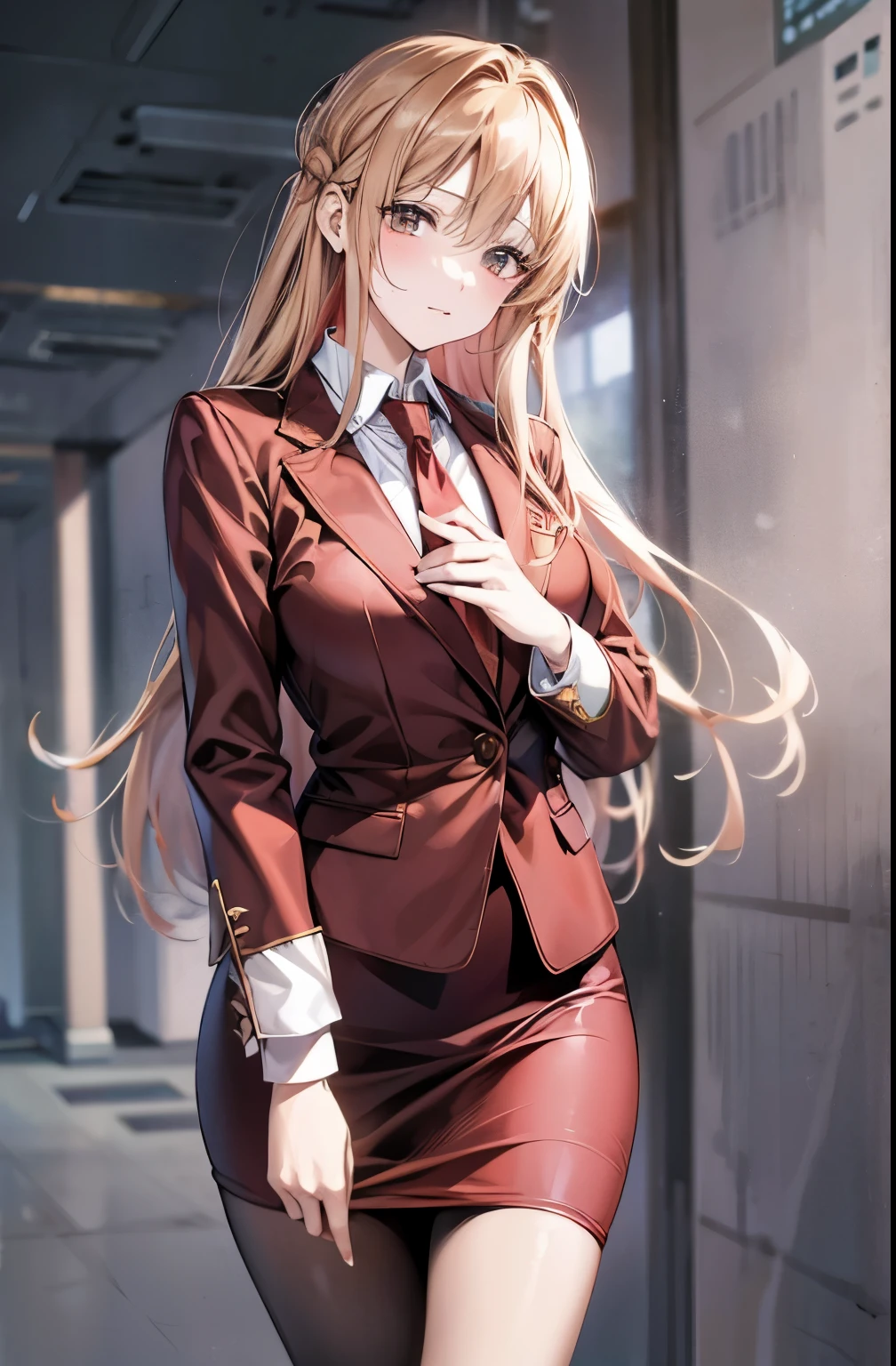 highest quality、unity 8k wallpaper、32K、masterpiece、Super detailed、ultra high resolution、highly detailed face、RAW photo、Professional、Ultra-fine painting、fine metal texture、fine fabric texture、Yuuki Asuna、Wearing a bright red business suit、Bright red blazer、white blouse shirt、bright red tie、bright red pencil skirt、pantyhose、bright red stiletto heels、soft smile、Breast grabbing