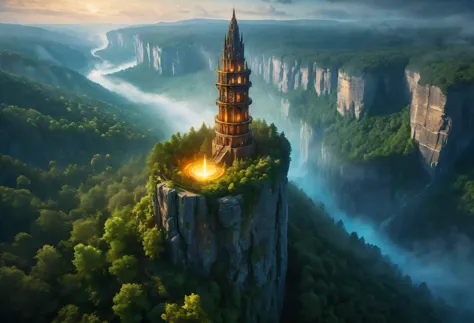 Aerial view of Towering steep and towering high magic tower in a cliff, wild forest, magical mist, asymmetric magic circle cliff...