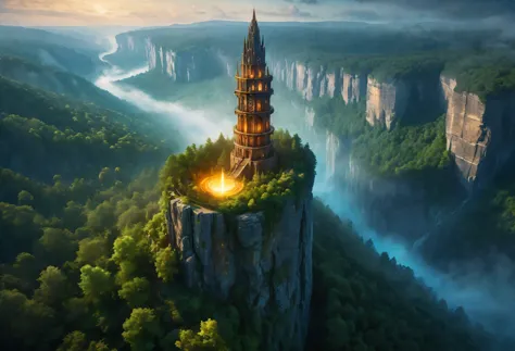 aerial view of towering steep and towering high magic tower in a cliff, wild forest, magical mist, asymmetric magic circle cliff...