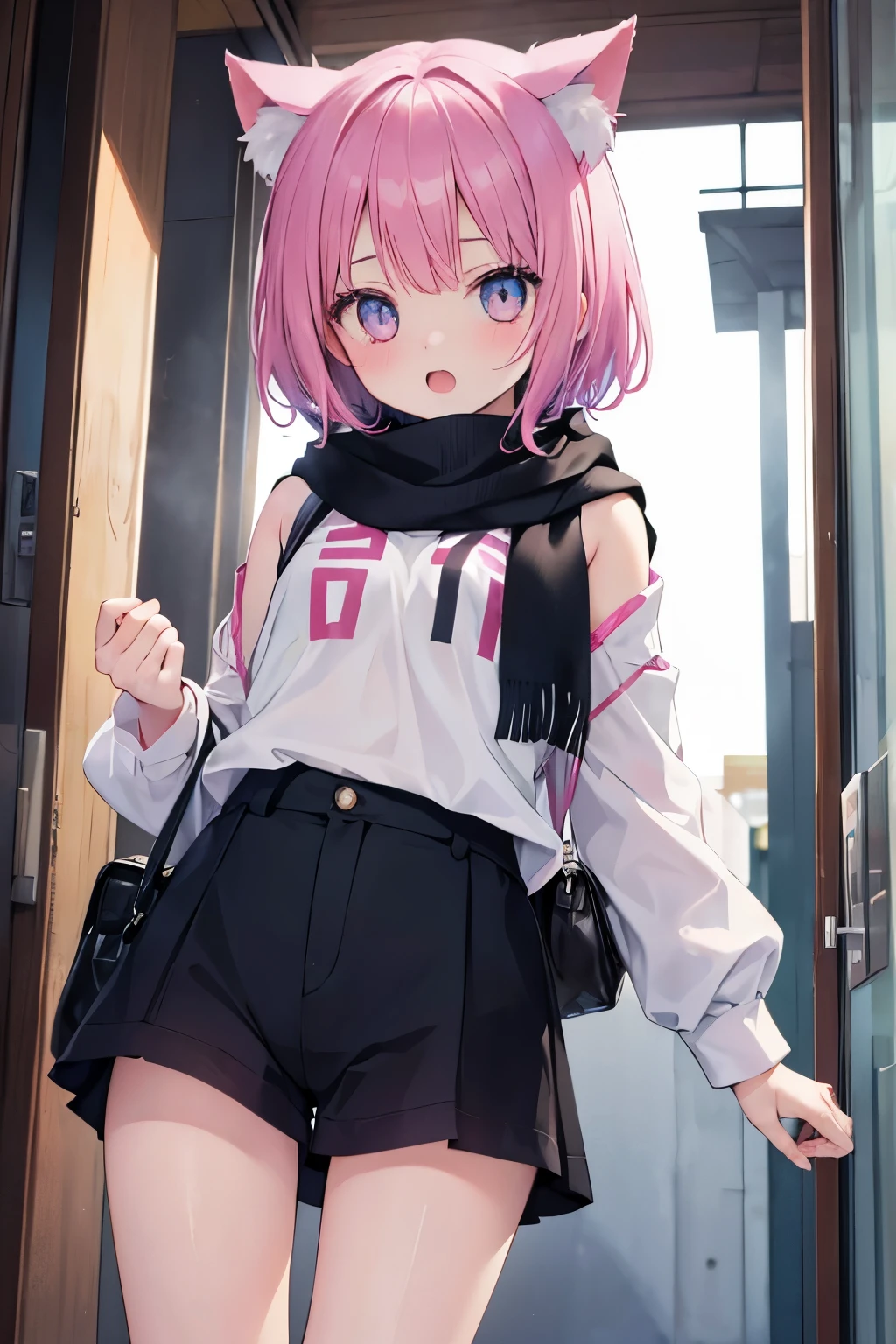 Anime girl with pink hair and black shorts posing in front of a door -  SeaArt AI