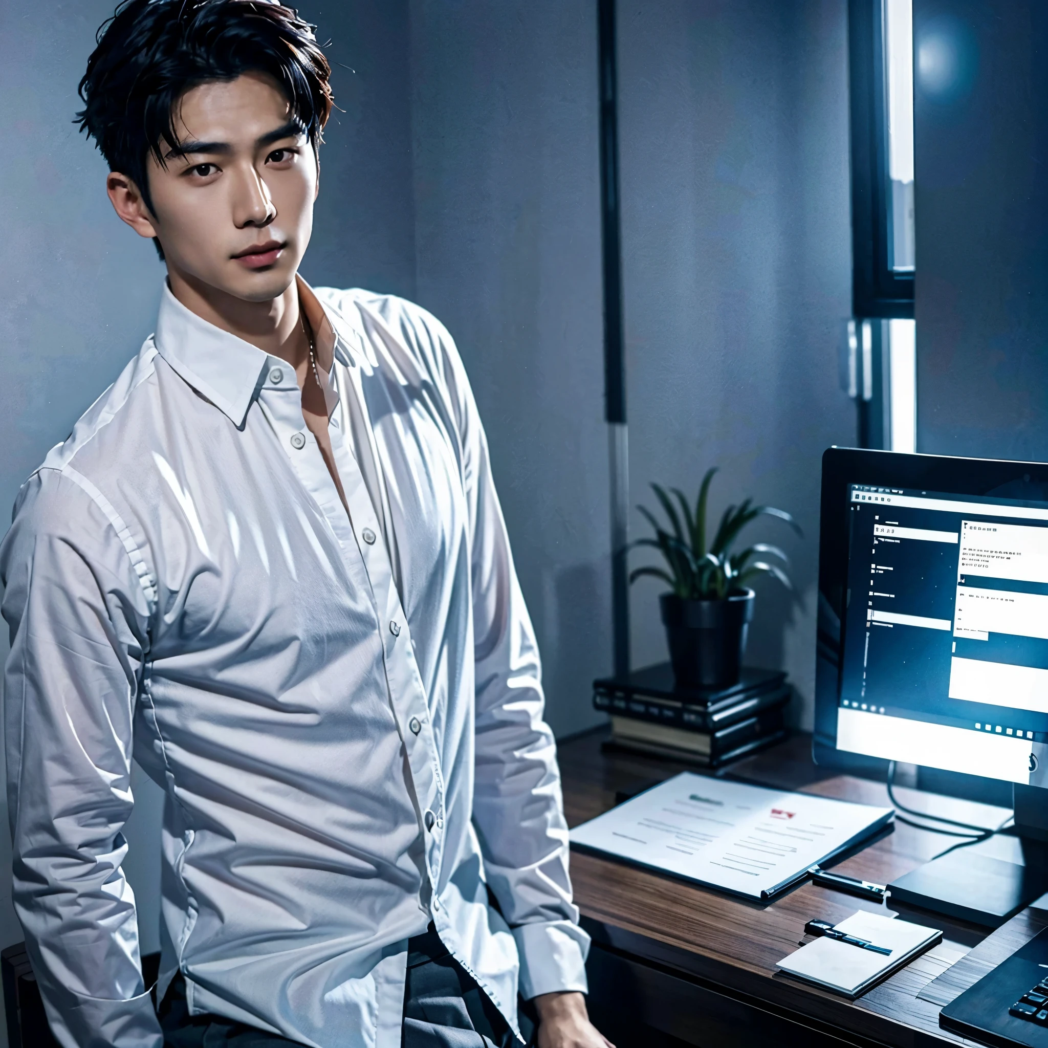 best quality, Realistic picture, Asian men are very handsome., Age 25, Read the document, There is a work desk., Lots of documents, not organized, office atmosphere modern style, Wear a white collared shirt with 2 buttons undone., see chest muscles 