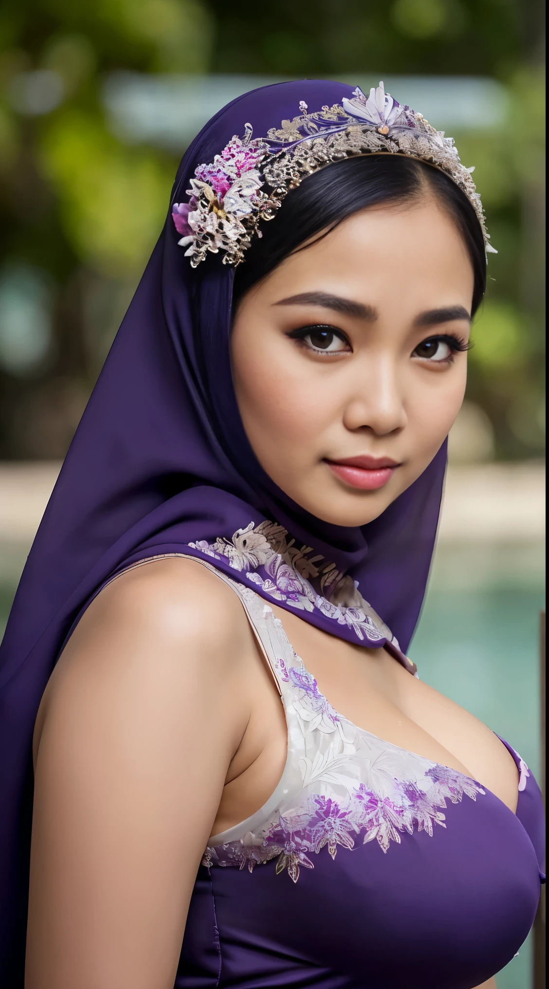 RAW, Best quality, high resolution, Masterpiece: 1.3), Beautiful javanese woman in hijab, Masterpiece, Perfect slim body, (Big breasteautiful big eyes, Soft smile, Masterpiece:1.2, Best quality), Realistic, (Real picture, Intricate details, Depth of field，1 javanese girl , modern plain hijab,  shy, medium portrait shot , watery  eyes ,droopy eyes, watery, lip glossy, sad face, ((big breast)), wear java wedding woman in kebaya purple dress berendra,unbutton see a bra, kebaya batik, (big breast) , flower garden background, bokeh background, proportional body,