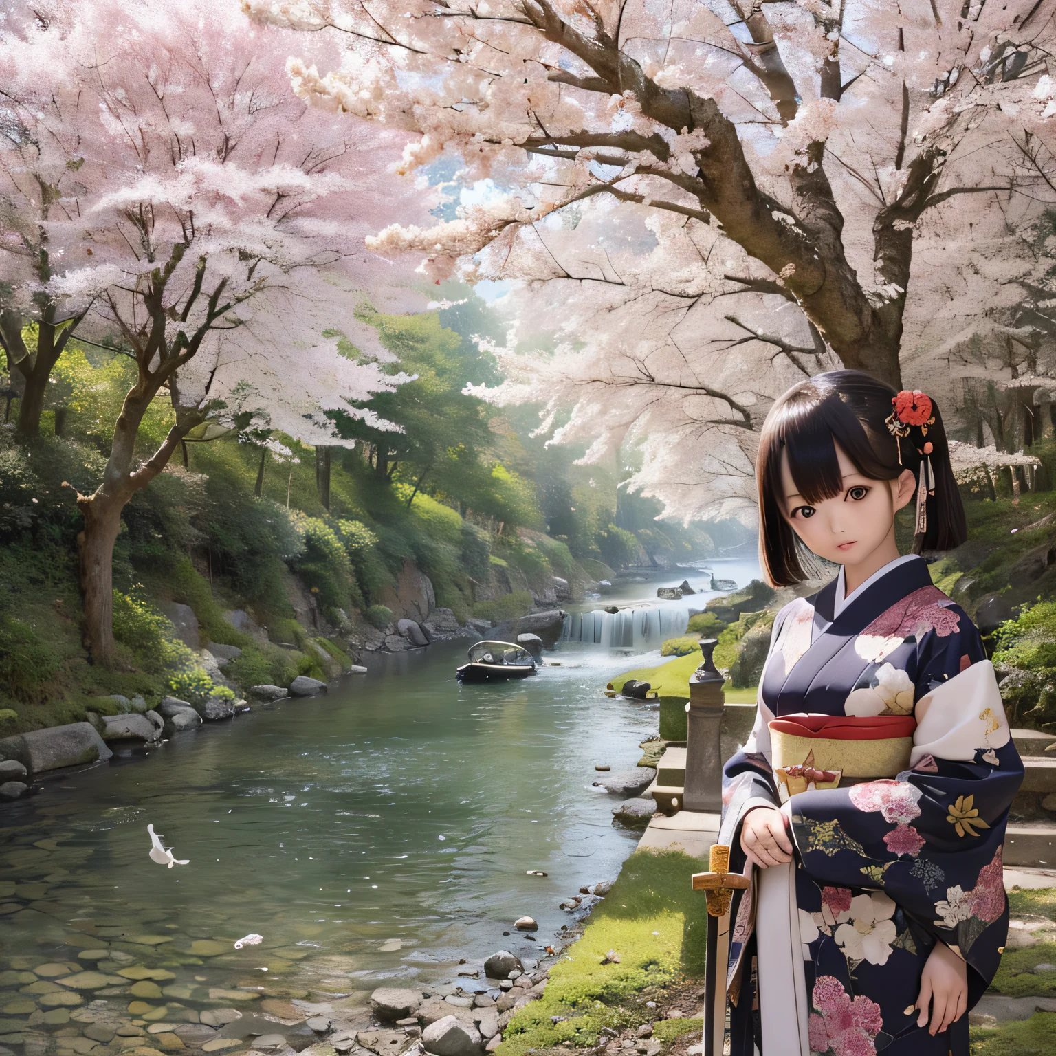 (Alta resolución, Realista:1.2),(ojos detallados y hermosos,Labios densos y hermosos.,ojos y rostro muy detallados,Pestañas largas),(Paisaje rural,atmósfera tranquila),(Shiba Inu girl:1.1),(iluminación suave),(estilo de pintura al óleo),(exuberantes campos verdes,Río tranquilo),(casa tradicional japonesa),(kimono tradicional fluido),(Flores coloridas),(pájaro volando en el cielo),(bosque de bambú),(luz del sol filtrándose a través de los árboles)(((Cerezo en plena floración)))(((((Sostener una espada japonesa))))))(((Espada sin vaina)))