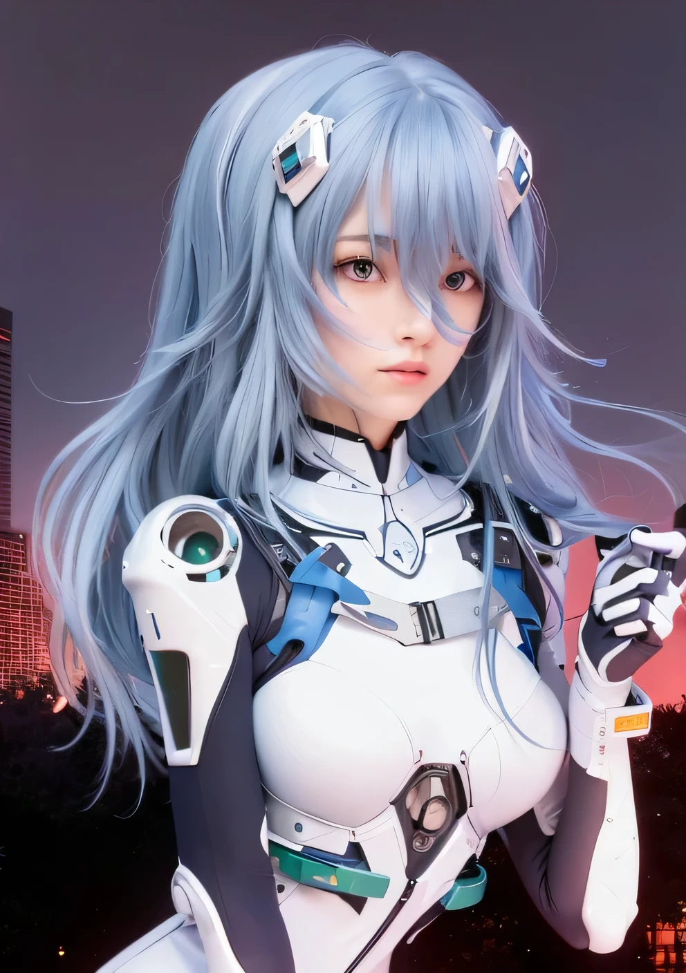 (highest quality photos), (real live action), masterpiece, light blue long hair,  beautiful girl, Neon Genesis Evangelion style, rei ayanami, Close-fitting white sexy plug suit, ceramic armor, (bust sharp hocus), (sticking out), (put your left hand on your chest:1.3), perfect ,  