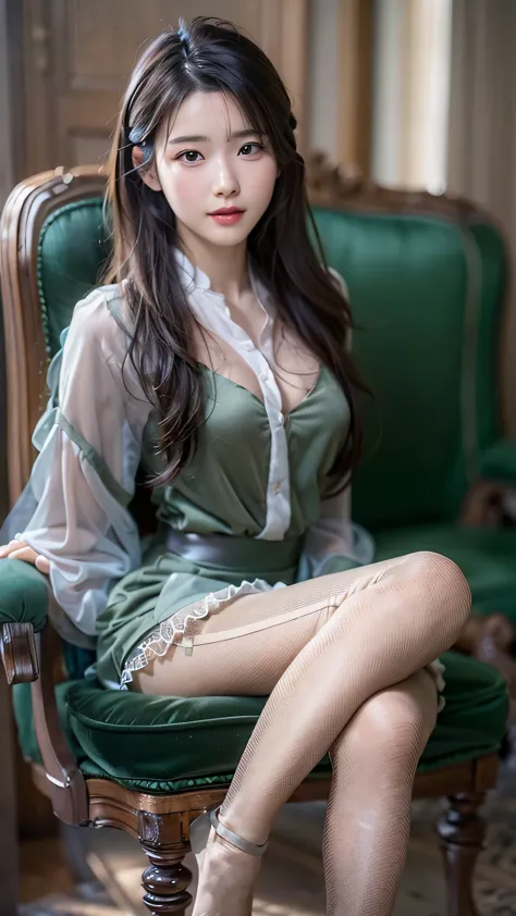 elegant woman sitting on a chair, amazingly cute face、popular makeup、korean female fashion model, (super realistic pantyhose:1.5...