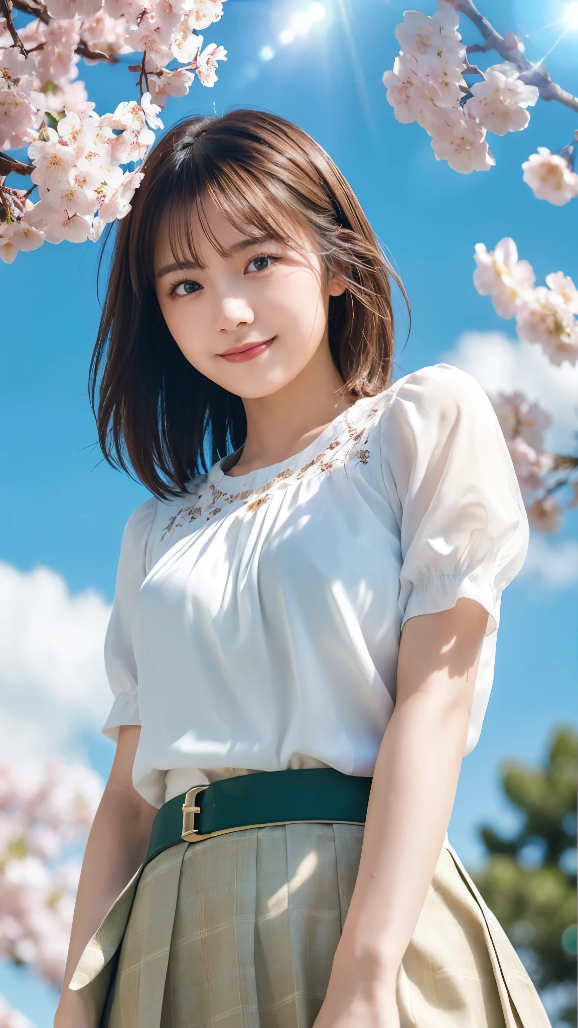 (highest quality,masterpiece:1.3,ultra high resolution),(Super detailed,caustics,8k),(photorealistic:1.4,RAW shooting),1 girl,Are standing,(smile),stare at the camera,20-year-old,cute,Japanese,natural brown middle hair,(white blouse),lime green flared skirt,glamorous,(big ),(face focus),buckshot,grass,cherry blossoms,blue sky,sun,Natural light,(Lens flare),professional writing,(full body shot),(Tilt composition:1.3),(low position:1.4),(Low - Angle:1.4)