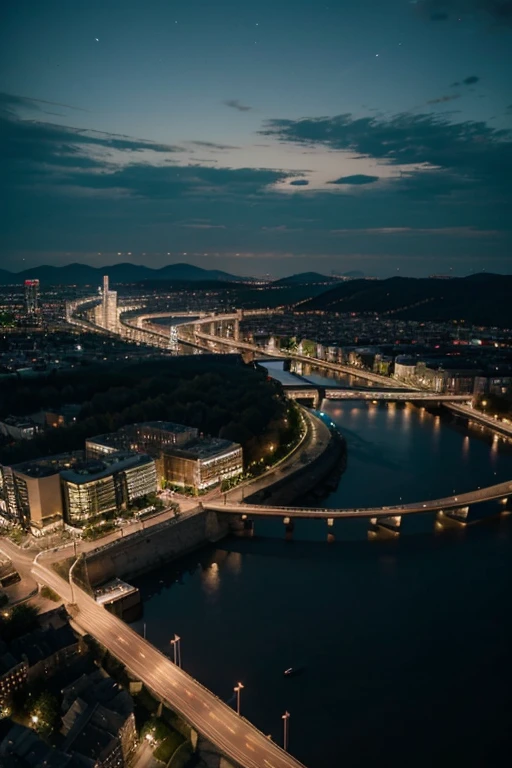 An aerial view of a night city, avec une ambiance paisible et mélancolique.