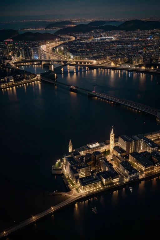 An aerial view of a night city, avec une ambiance paisible et mélancolique.