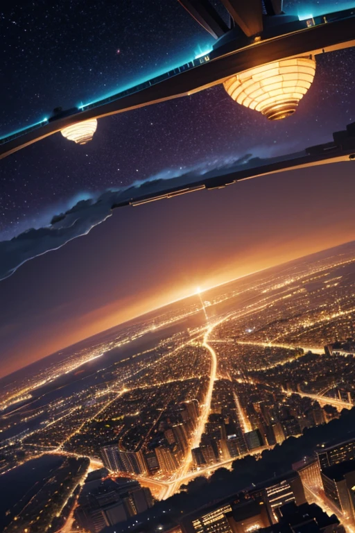 An aerial view of a night city, avec une ambiance vibrante et joyeuse.