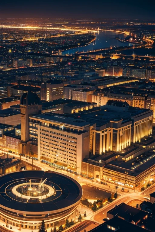 An aerial view of a night city, avec une ambiance vibrante et joyeuse.