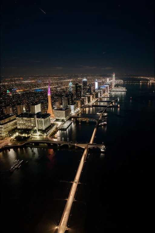 An aerial view of a night city, avec une perspective futuriste et prometteuse.