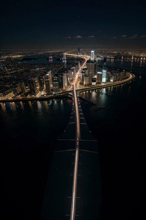 An aerial view of a night city, avec une perspective futuriste et prometteuse.