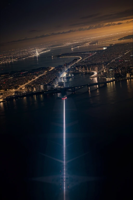 An aerial view of a night city, avec une perspective futuriste et prometteuse.