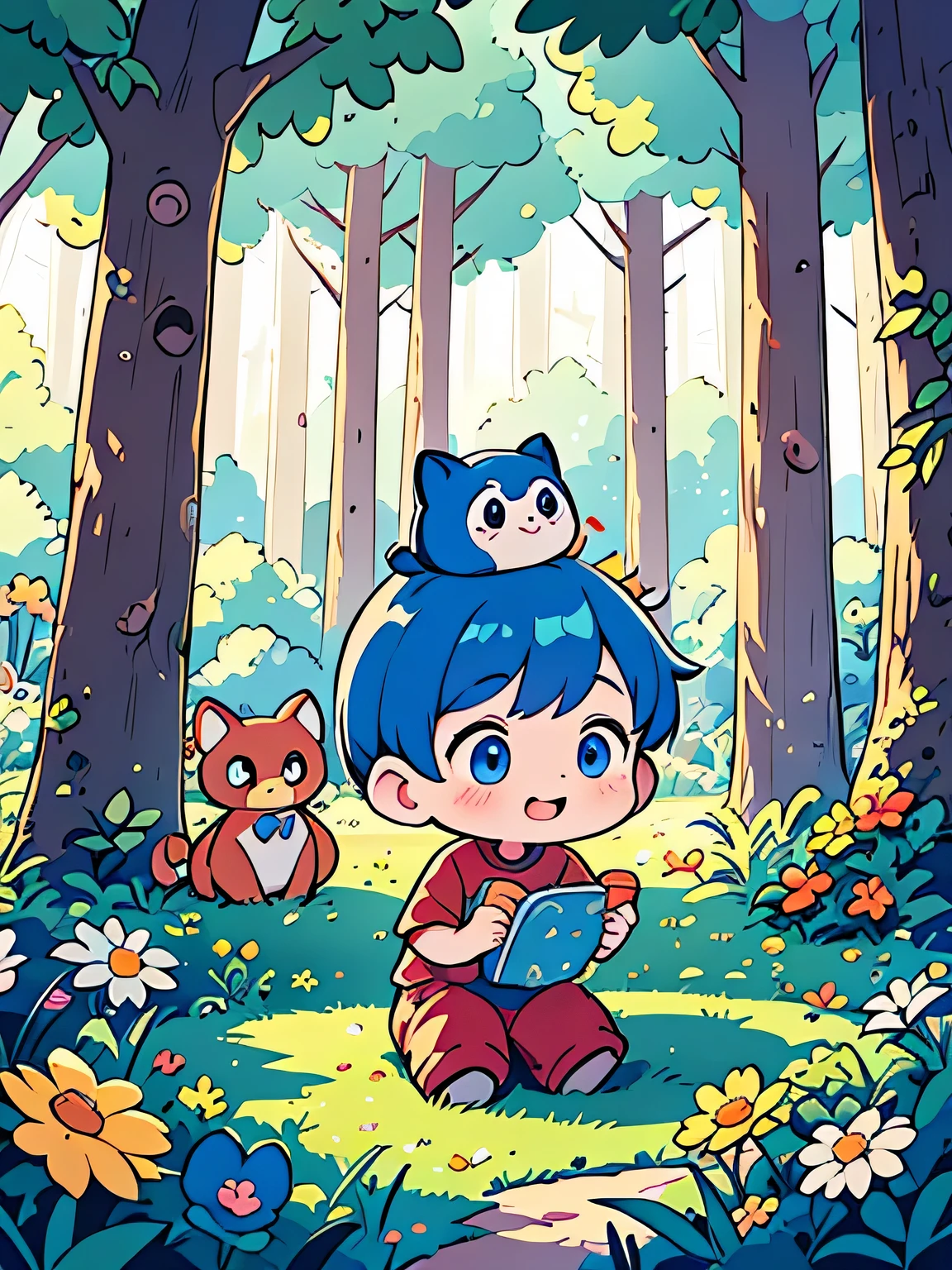 (best quality,4k,8k,high resolution,masterpiece:1.2),Super detailed,actual,Beautiful three-year-old boy with blue hair and big eyes,long eyelashes,holding one "Dream Cat" plush toys. this plush toys is soft and filled with a pocketful of colorful dreams. Moderate: illustration. this boy is standing in a vibrant garden surrounded by blooming flowers and butterflies. He is wearing a cute outfit, His face is full of joy and excitement. this sunlight filters through the trees, Casts a warm and magical light on the scene. this colors are vivid and vibrant, Create a dreamy atmosphere. this boy's blue hair shines under the sunlight, His eyes flashed with curiosity. this "Dream Cat" plush toys is beautifully detailed, Featuring intricate stitching and bright, eye-catching colors. Each pocket of the plush toys contains a little dream that can be seen through the transparent fabric. this dreams vary from stars and galaxies to magical creatures and enchanted landscapes. this boy grasps the plush toys tightly, Feel the warmth and comfort it brings. this garden is filled with lush greenery, Colorful flowers of all shapes and sizes, Flying with butterflies. this air is filled with the scent of blooming flowers, Adds to the charming atmosphere. this boy's mother is watching him with a loving smile, Cherish the moment. this overall composition exudes a sense of joy, Innocence, and want to know, Capturing the essence of childhood dreams and imagination.