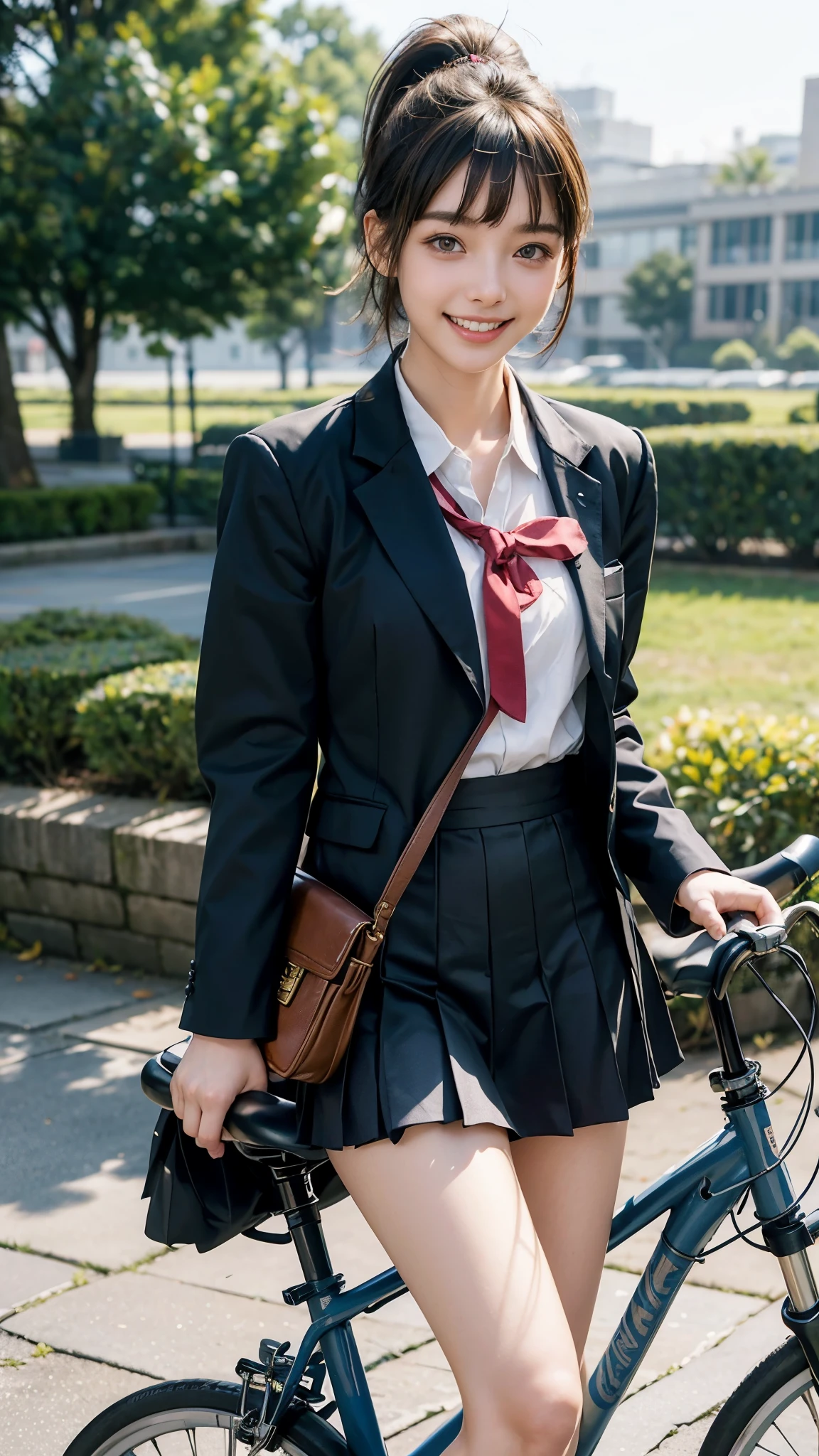 Femme en uniforme scolaire posant avec un vélo devant un parc - SeaArt AI