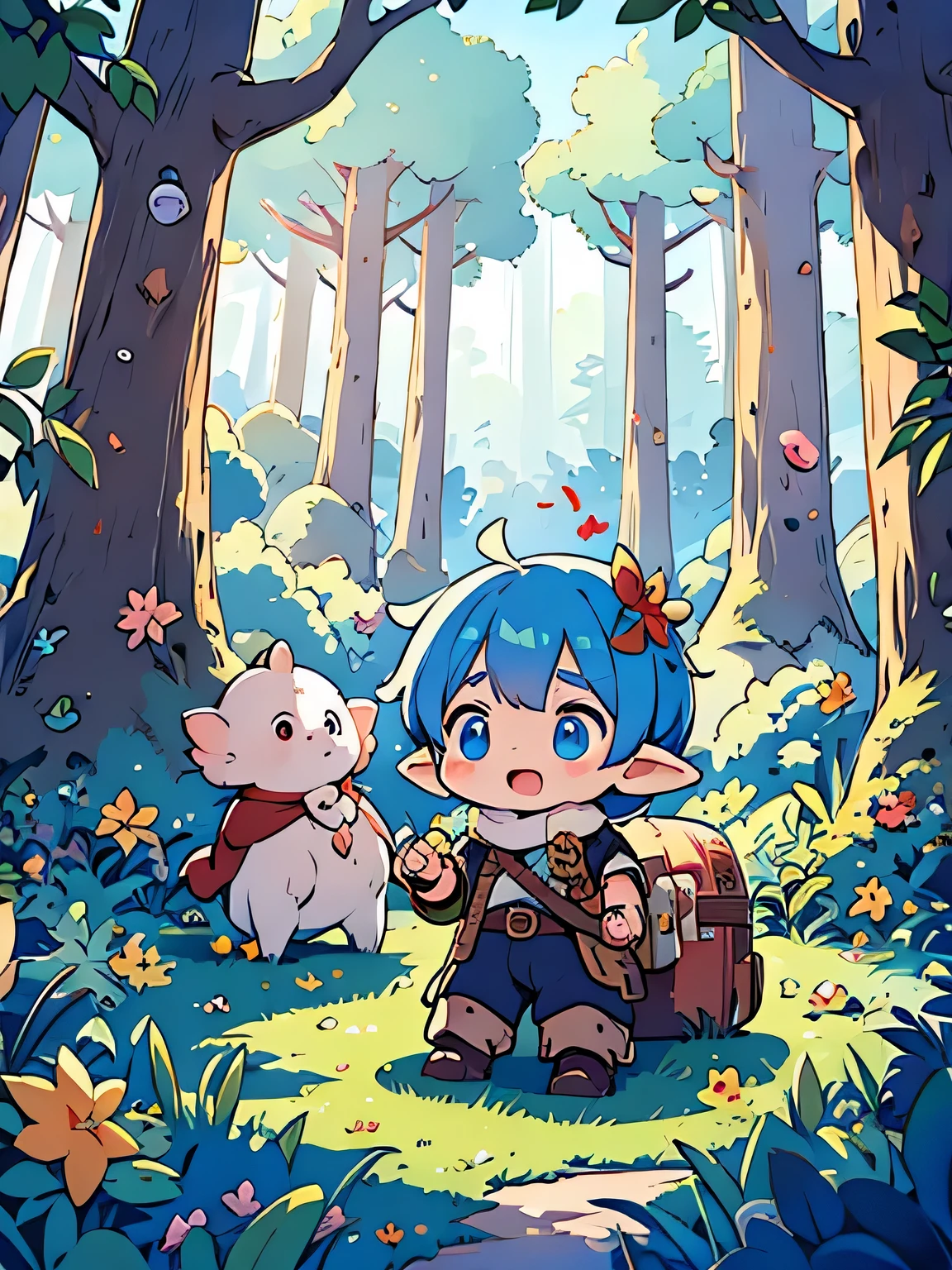 a blue hair、Curious big-eyed three-year-old boy and elves playing in the dream world, Create magical scenes, Energetic and happy,