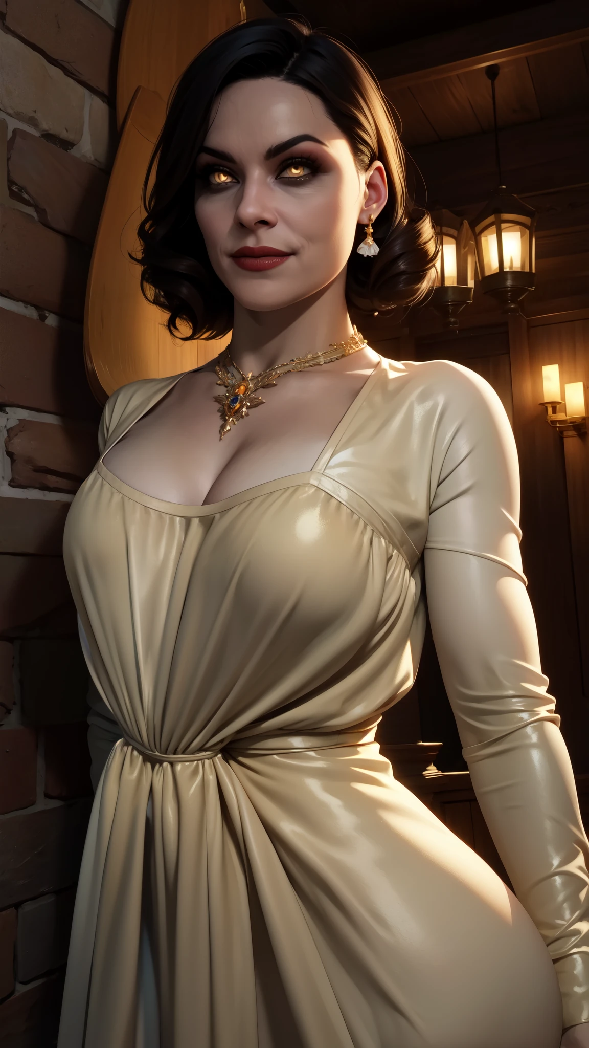 Alcina,yellow  eyes,Bblack hair,shorth hair,
white dress with flower,ha,single earring,neckleace,necklase,black gloves,
trunk,brooch,
gazing at viewer,ssmile,
castle,Inside the house,natta,
(incredibily detailed, beautifull detailed face, beautiful detailed eyes, work of art, best qualityer),standing alone,